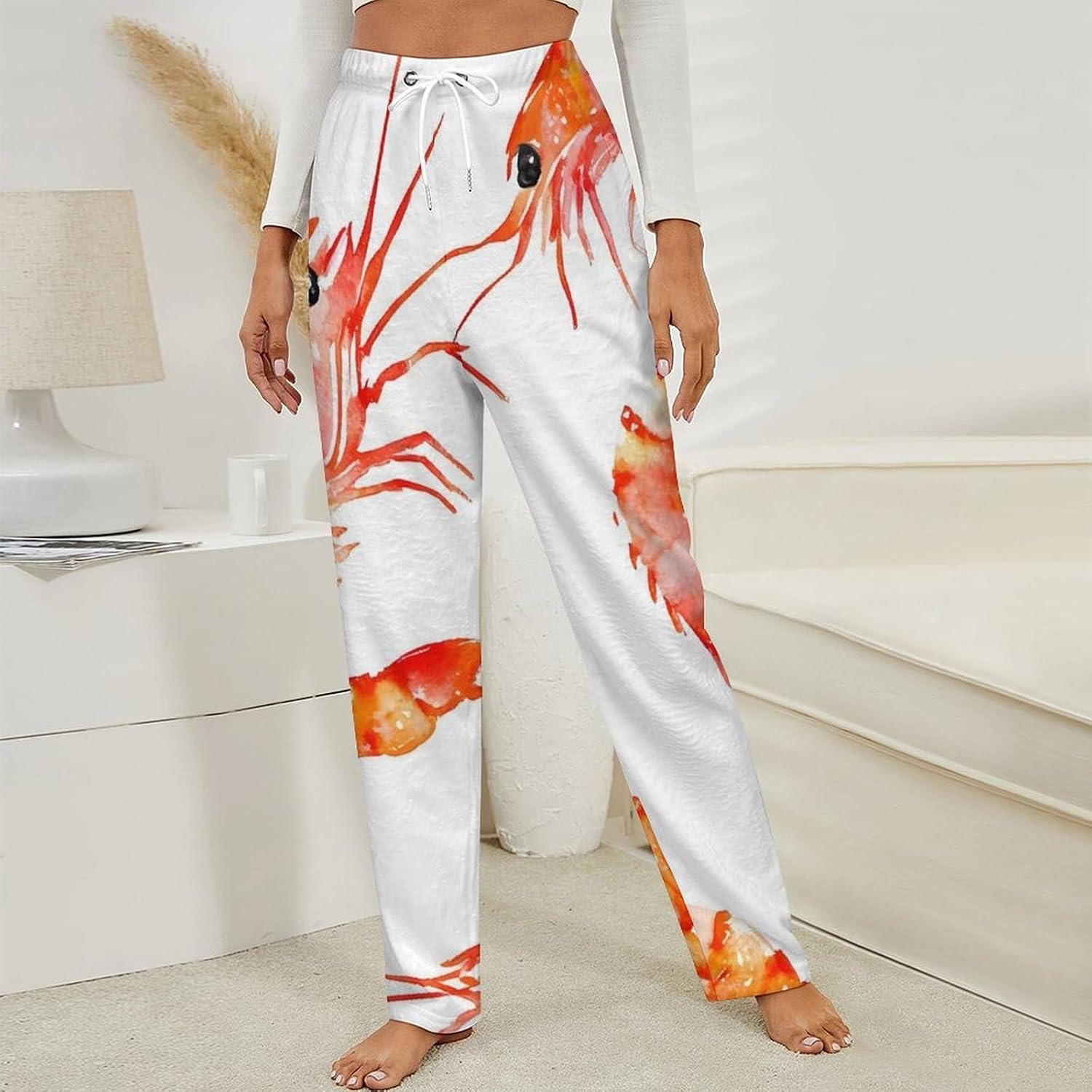 Watercolor Shrimp Pattern Flannel Pajama Pants Women Soft Fleece Sleep Pj Lounge Bottoms