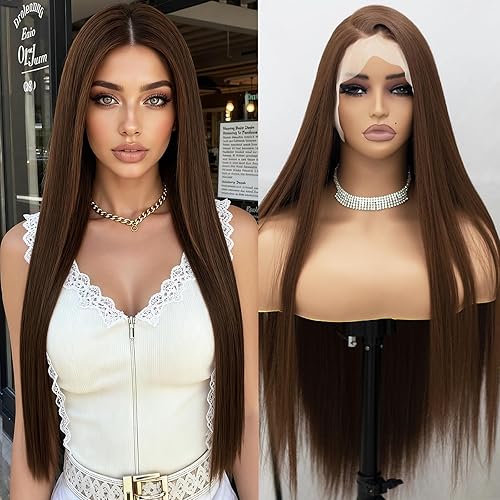 Miniatura 6 de ANDRIA Pelucas de encaje frontal negro y rubio de 13 x 4 pulgadas, previamente despuntadas, sin pegamento, con abuelitos, cabello sintético