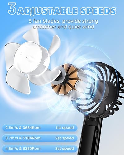 Miniatura 3 de KIDEE Ventilador de mano portátil, mini ventilador de mano recargable, tamaño de bolsillo, 3 velocidades, ventilador de pestañas de cara pequeña,