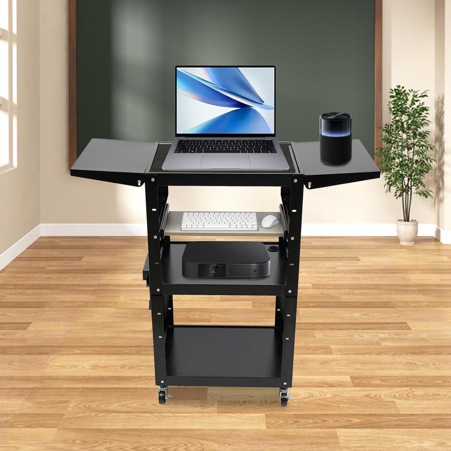 Black Steel AV Cart with Wheels, 3 Tier Mobile Cart with Keyboard Tray and 4 Universal Wheels, 300Lbs Heavy Duty Rolling Work Station for Monitors Up to 24in