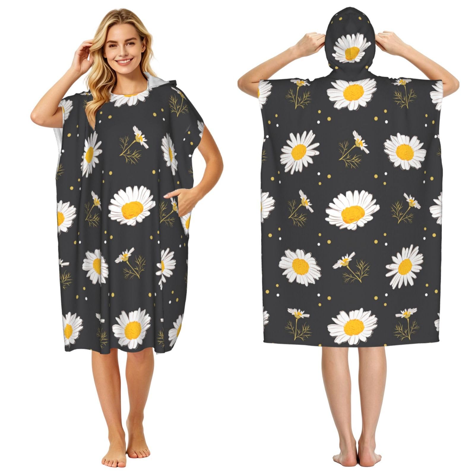 Poadnly Daisy Flowers, Adult Hooded Beach Towel 90 x 110 cm,Changing Bath Robe, Surf Poncho Towel For Women Men