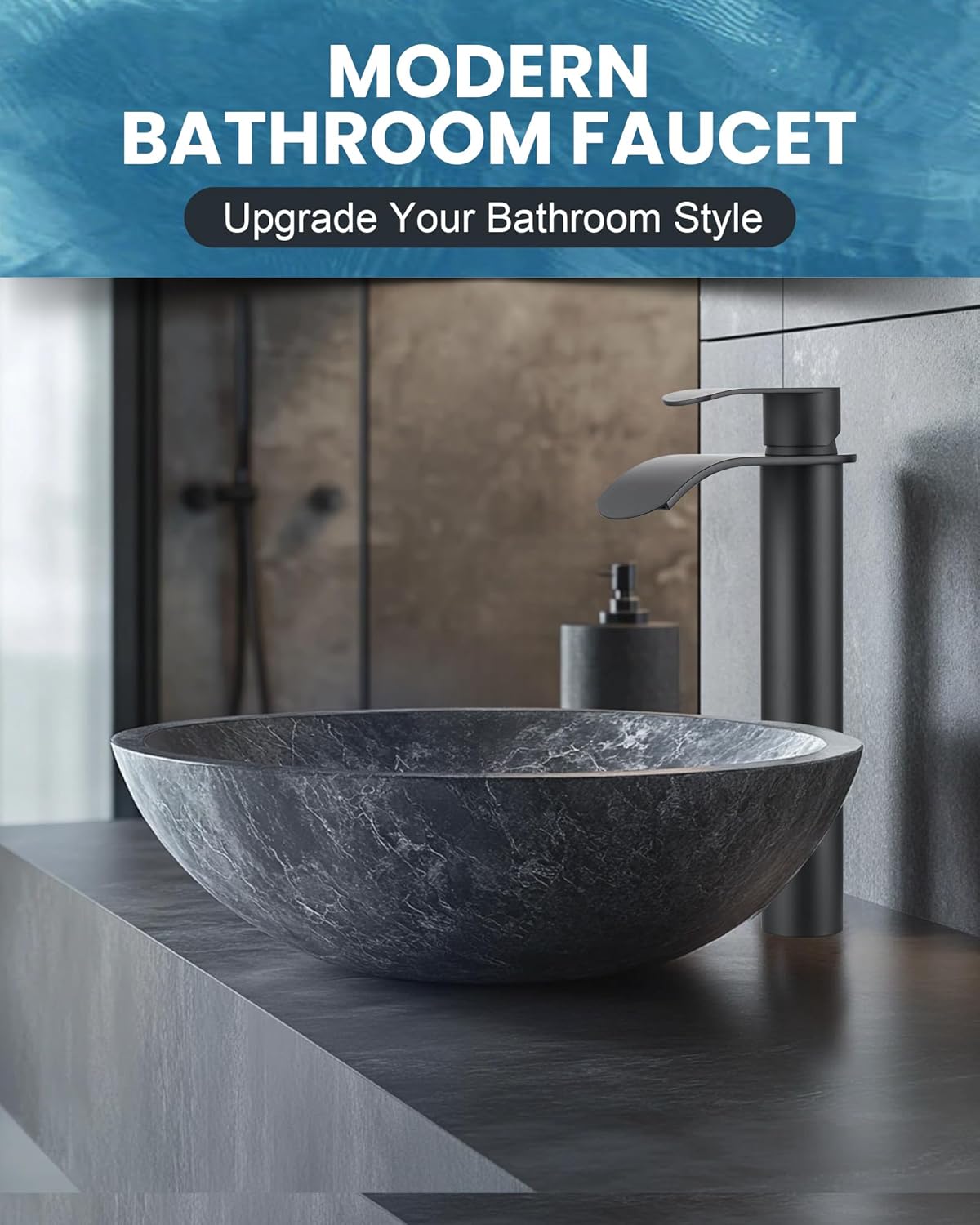 Vessel Sink Faucet Black for Bathroom：WOWOW Single Handle Tall Bathroom Faucet - Waterfall Single Hole Mixer Bar Tap with Large Rectangular Spout, Deck Mount Lavatory Vanity with Pop Up Drain