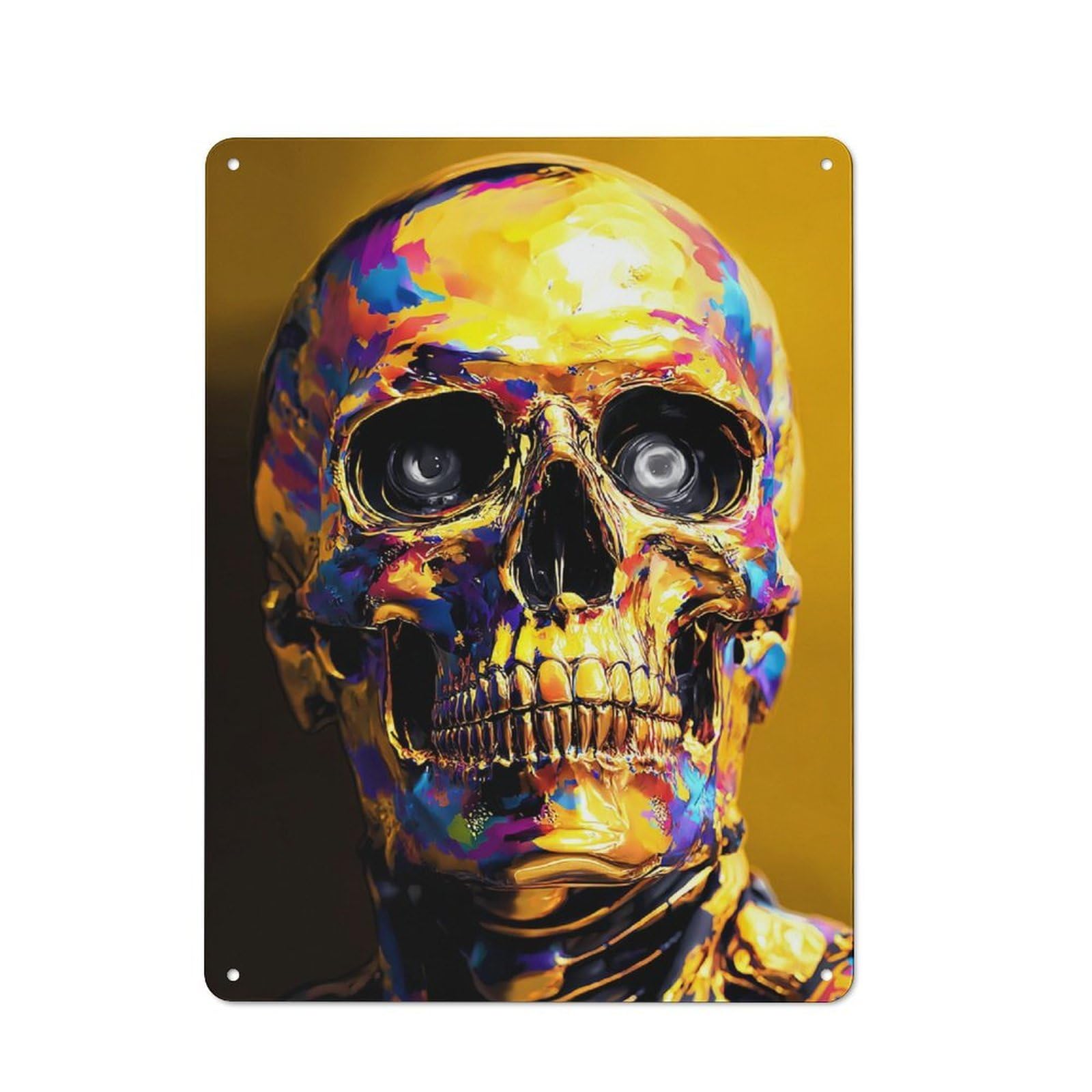Junmoney Golden Skull With Vibrant Colors Modern Retro Metal Wall Decor 40X30cm, Metal Wall Sign For Loft, Studio, Office Or Creative Room