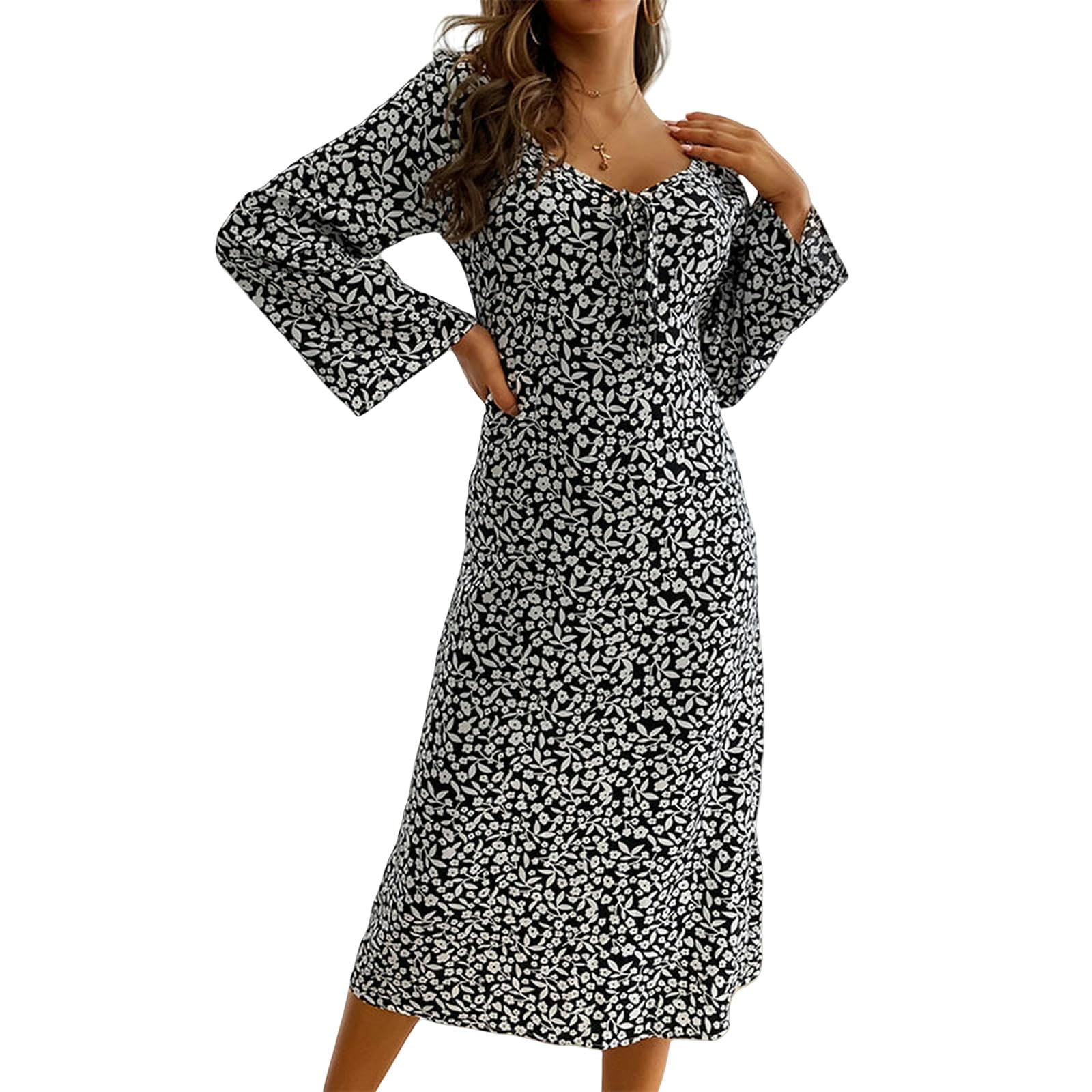 Vestido de cuello cuadrado para mujer, vestido de manga larga con volantes, estampado floral bohemio, vestidos fluidos YYEFNMAZ