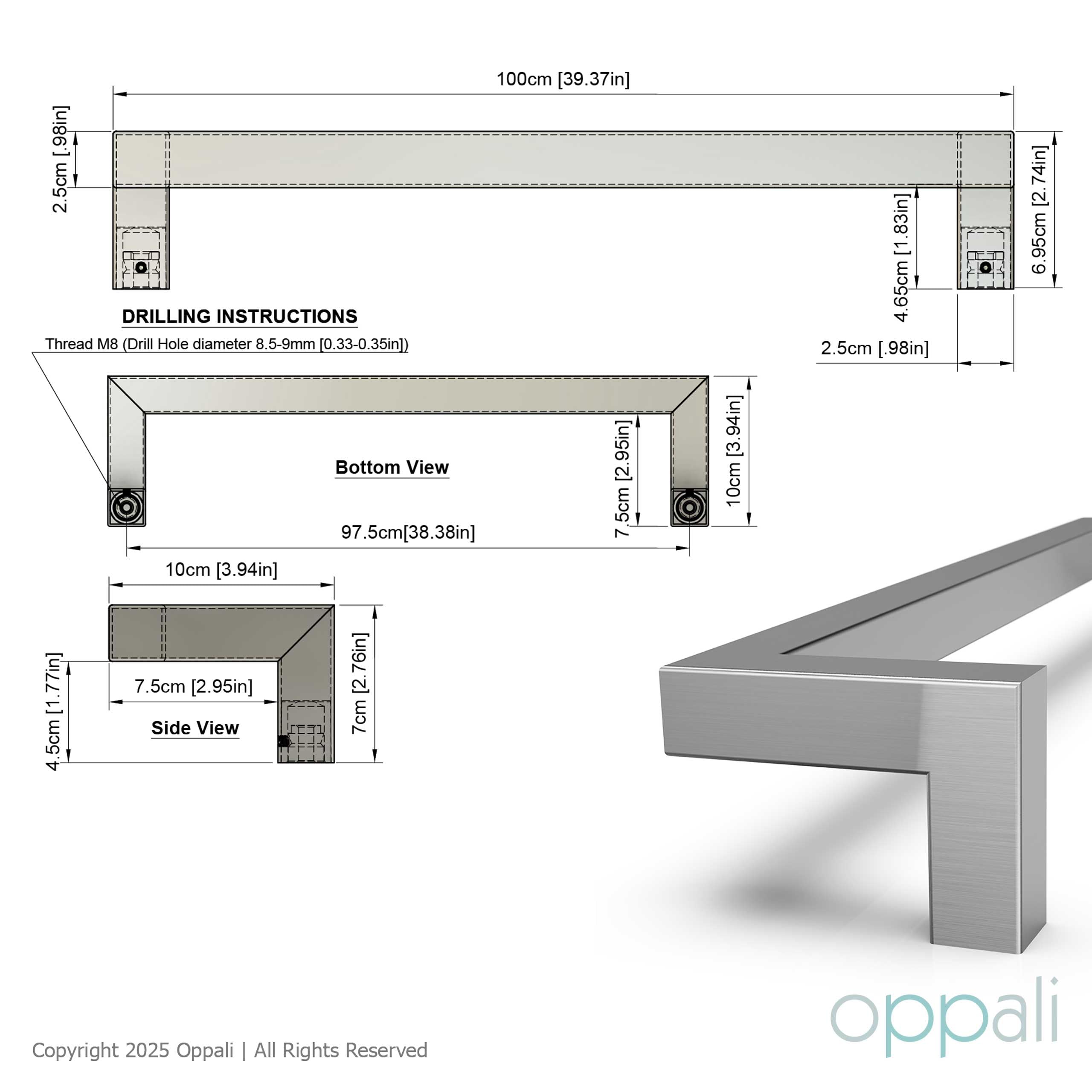 Maniglione per porta d’ingresso in acciaio inox 304 spazzolato Art.526 | Offset Pull Handle | T-Bar quadrato | 100cm Lunghezza totale