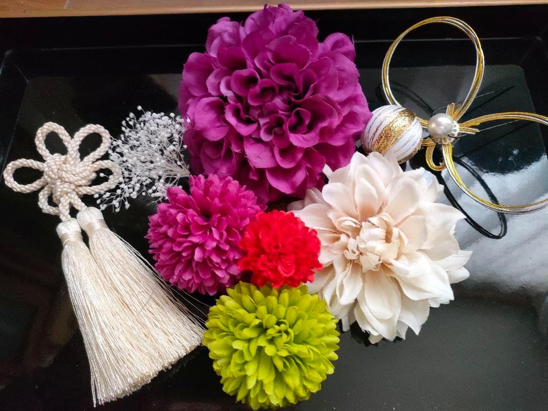 七五三No.24かのこ、前髪飾り房付、簪蝶、指輪4点セット(淡黄緑☓橙 七五三No.24かのこ、前髪飾り房付、簪蝶、指輪4点セット(淡黄緑☓橙