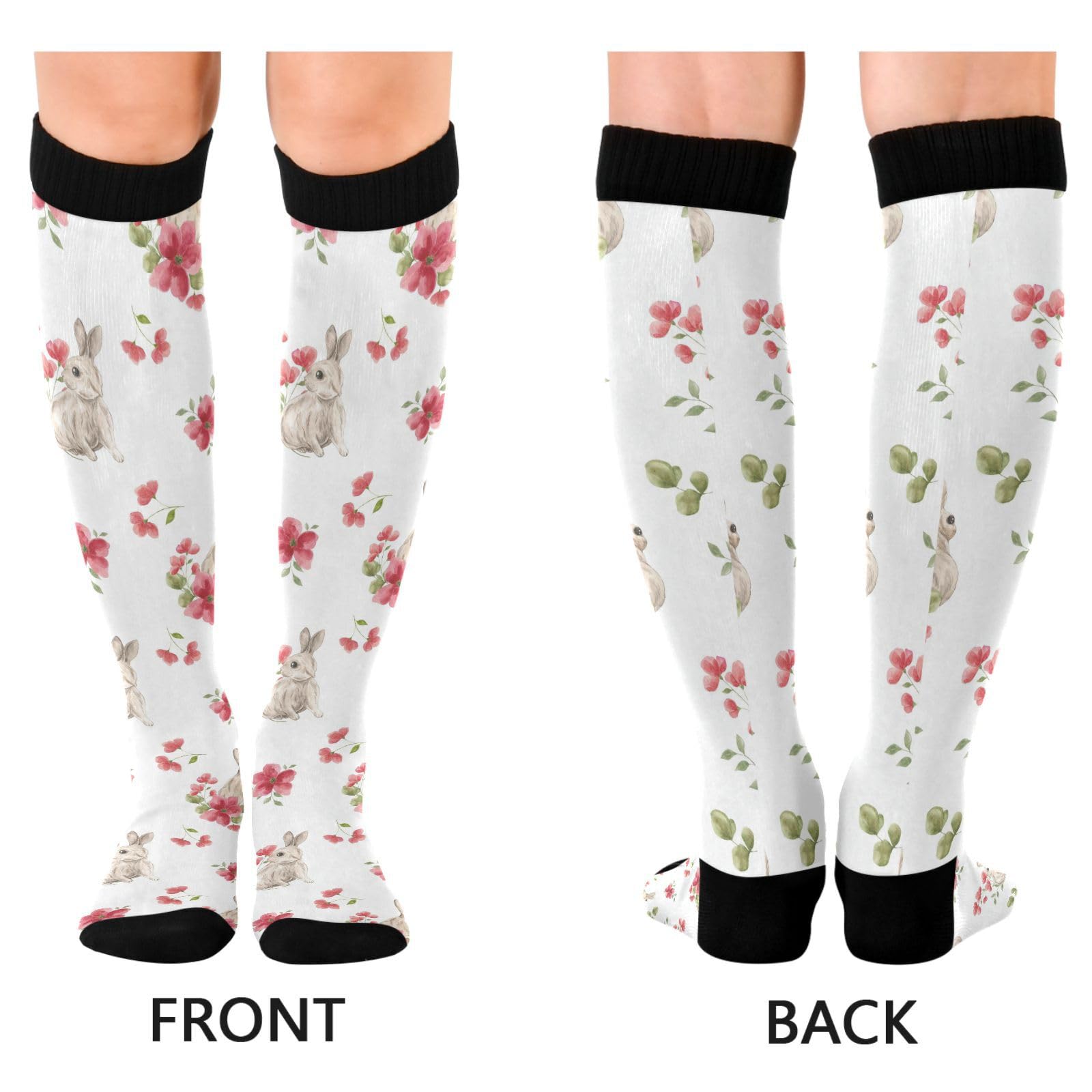 Dussdil Easter Rabbits Red Floral Compression Socks for Women Men Bunny Circulation Long Knee Socks for Sport Gym Stockings Socks