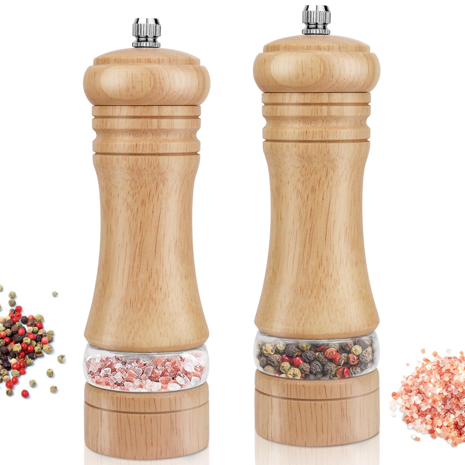 Salt and Pepper Grinder Set of 2, Wooden Salt and Pepper Mill with Adjustable Coarseness Ceramic Rotor & Acrylic Window, Manual Spice Grinders Refillable Salt Shaker for Sea Salt/Chili/Sesame,6.5 Inch