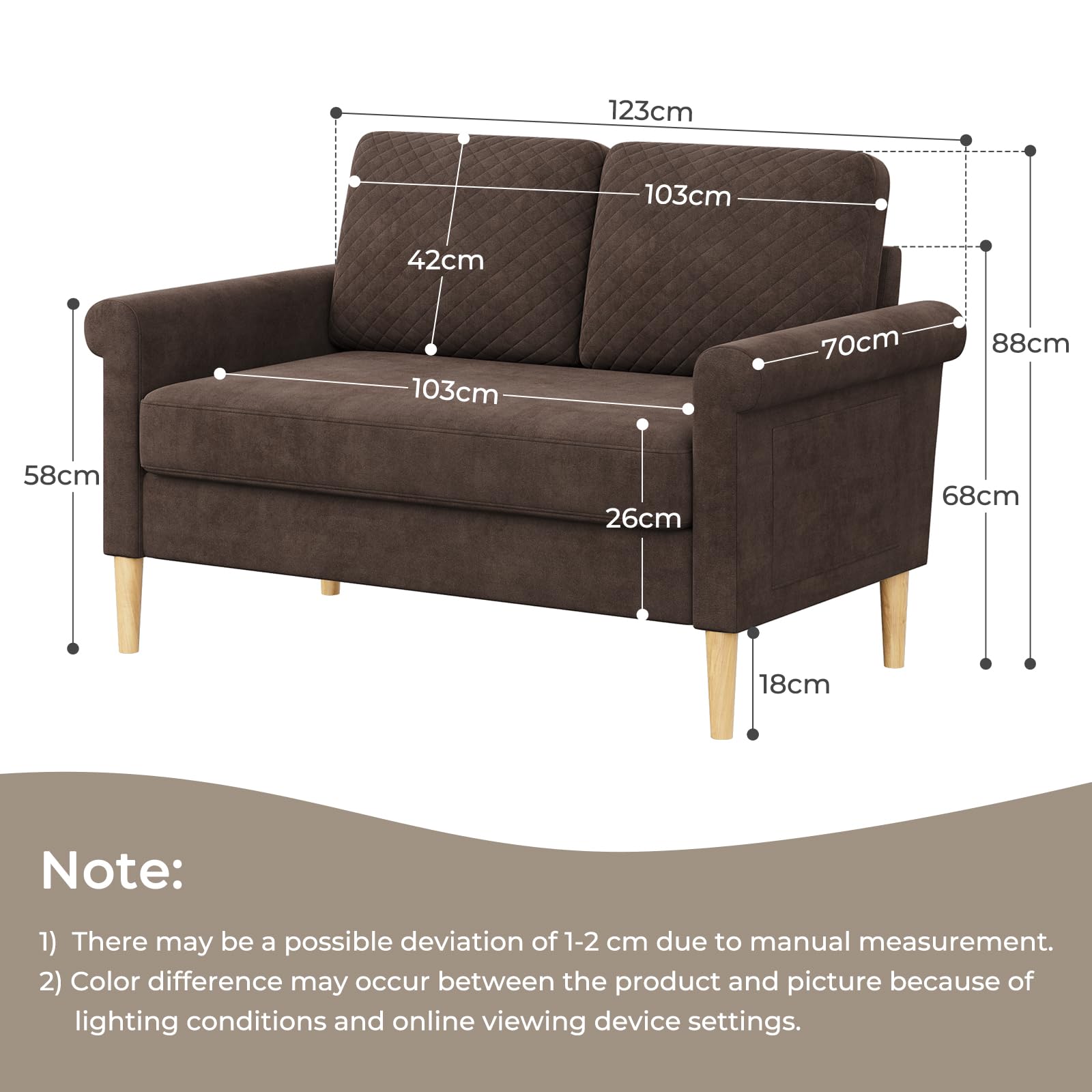 Vesgantti Divano Piccolo in Tessuto 2 Posti, con Tasche di Archiviazione su Entrambi i Lati, Mini Divano Imbottito per Soggiorno Ufficio, Montaggio Senza Utensili, 123L x 70P x 88H cm, Marrone