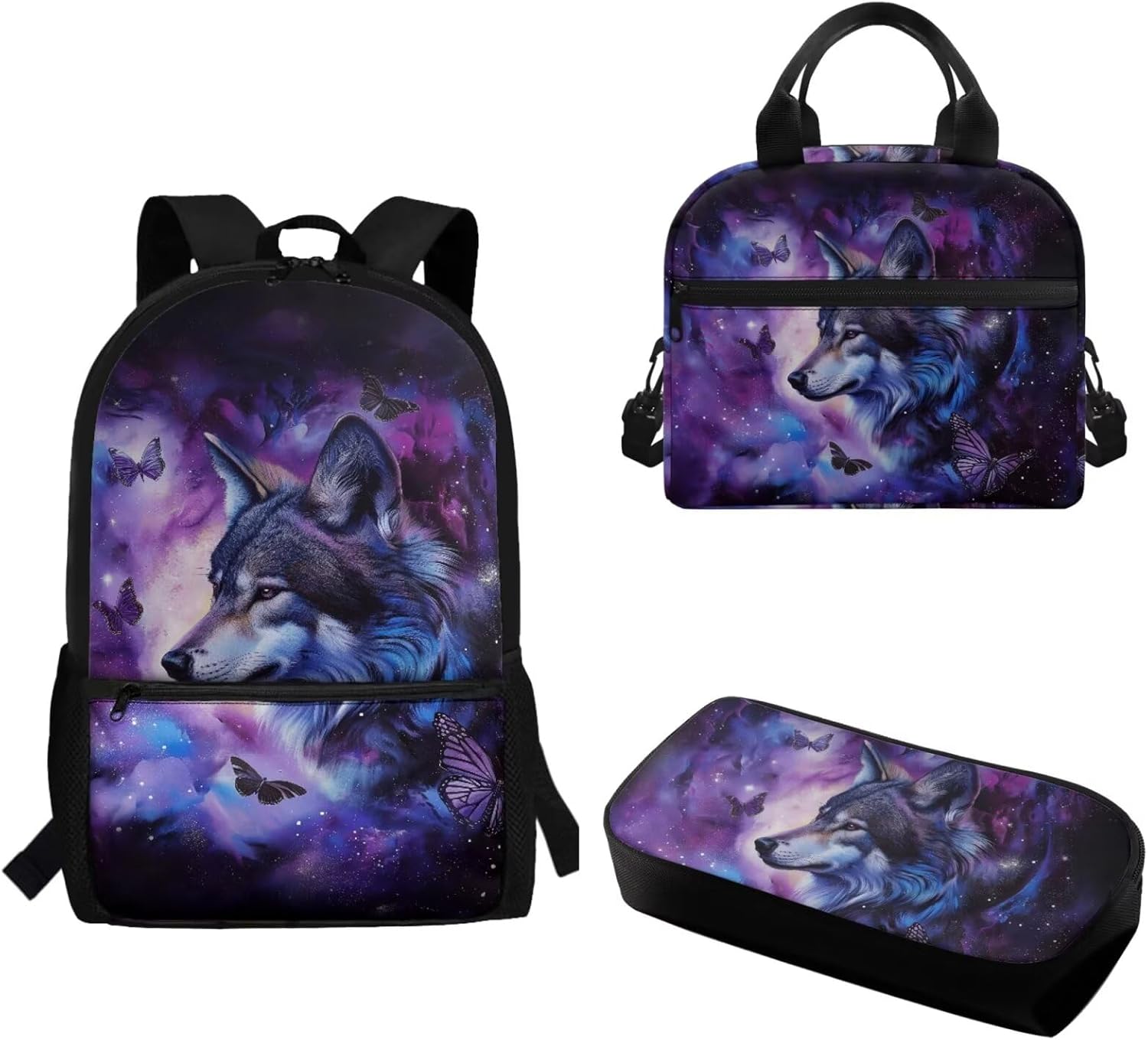 Set of 3 School Bag for Girls Boys Portable Pencil Case Insulated Lunchbox Book Bag School Backpack with Side Mesh Pockets for Girls 6-18 Students, Butterfly Wolf