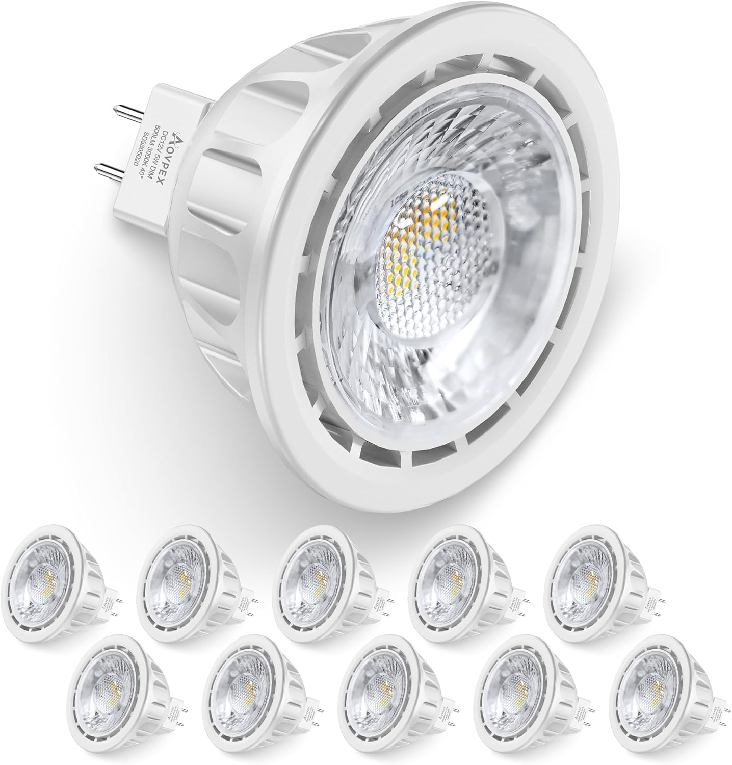 10 Pack Dimmable MR16 LED Bulbs, 12V 5W(50-Watt Equivalent), 3000K Warm White, GU5.3 Bi-Pin Base, 40-Degree, Indoor/Outdoor Landscape Spotlight Track Recessed Lighting