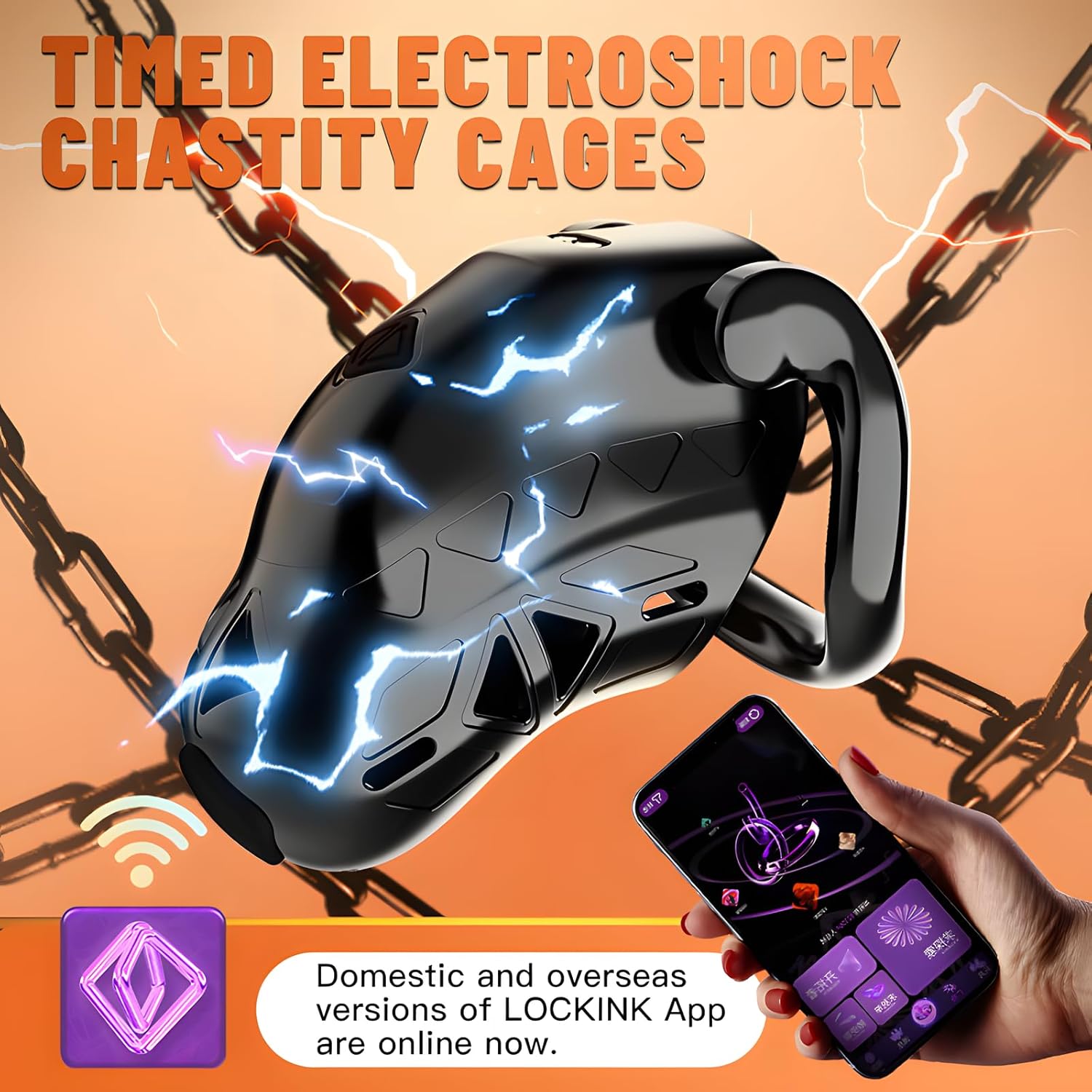 Image showing the LOCKINK chastity cage with chains and a smartphone displaying the LOCKINK app interface.