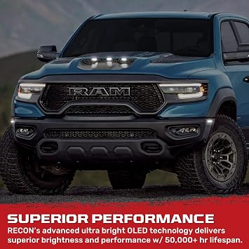 Recon - Compatible with 2021-26 RAM 1500 TRX 7-PC Fender & Hood Light Kit Smoked Lens White or Amber LED Running Lights w/Startup Light Sequence (White LED (Red Rear Fender Lights)