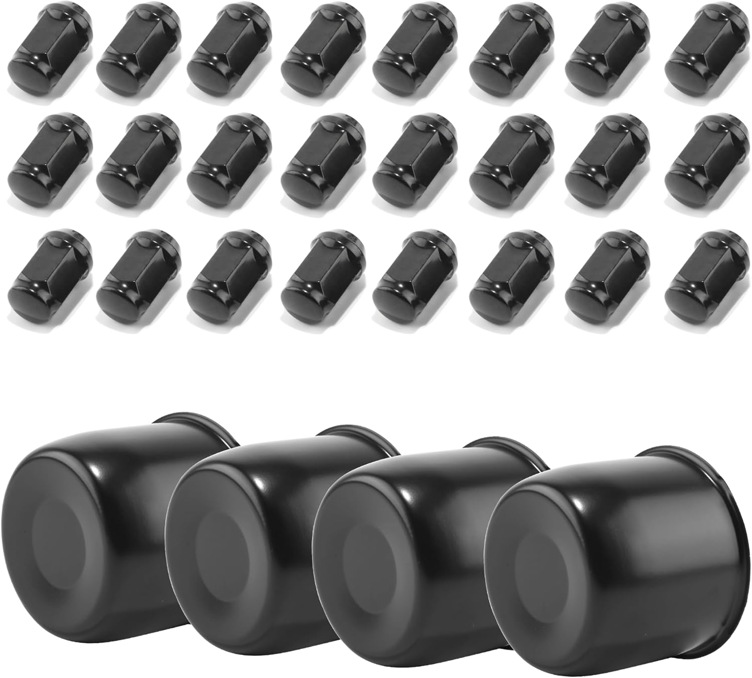 4-Pack Trailer Push Through Center Caps and Trailer Wheel Lug Sets - 4.25in Wheel Center Caps Chrome Stainless Steel Hub Cap with 24 One-Piece Chrome 1/2-20 Lug Nuts for Truck RV