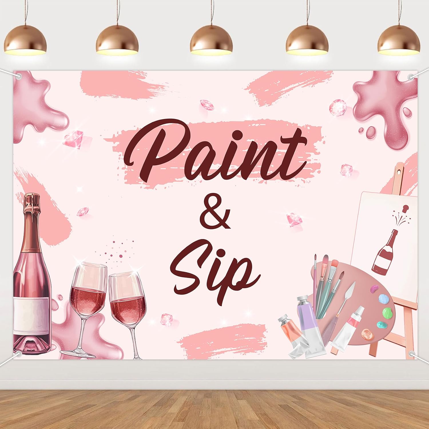 Paint and Sip Party Decorations Backdrop Painting Graffiti Champagne Rose Birthday Photography Background for Adults Date Night Partys Supplies Paint and Sip Ideas Party Sign Photo Booth Props image 5