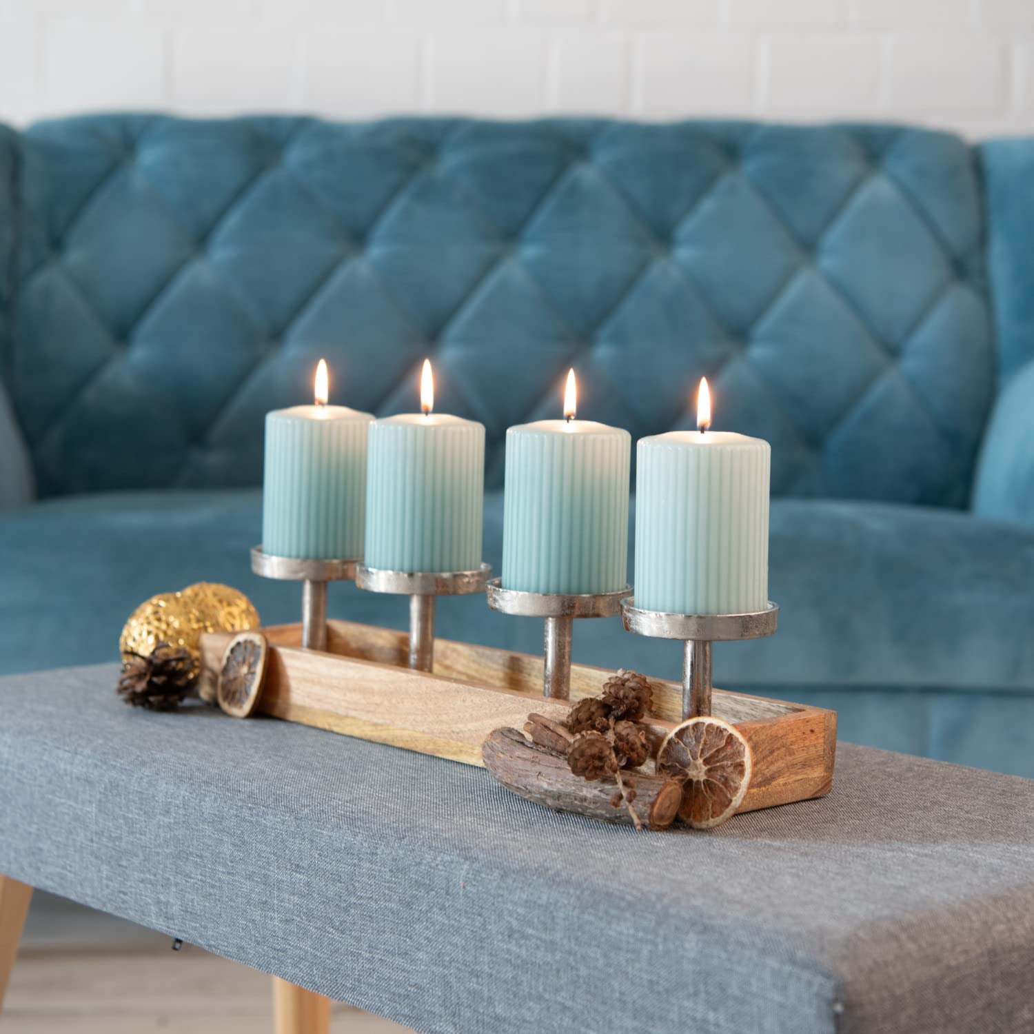 Adventskranz Holz Advent Kerzenhalter länglich modern Kerzenständer 4 Stumpenkerzen Adventskranz Weihnachtsdeko Fenster Holz Adventsschale Kerzenleuchter Ohne Dorn Kerzentablett Adventsgesteck Lang