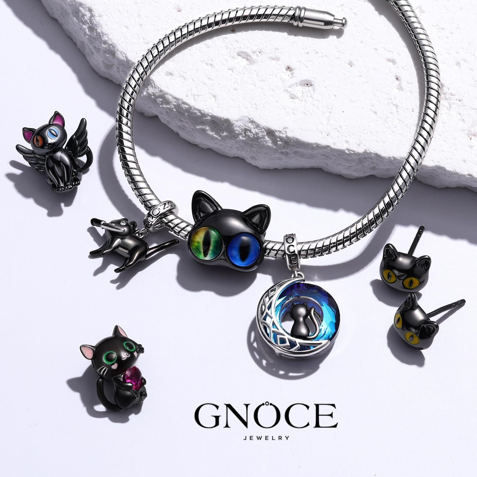 GNOCE Schwarzer Katzen-Anhänger, baumelnder Charm, S925er-Sterlingsilber, baumelnder Anhänger für Frauen, Ehefrau, Valentinstag, Muttertag, Schmuckgeschenk, Inner Diameter4.5 mm, Sterling-Silber, Kein