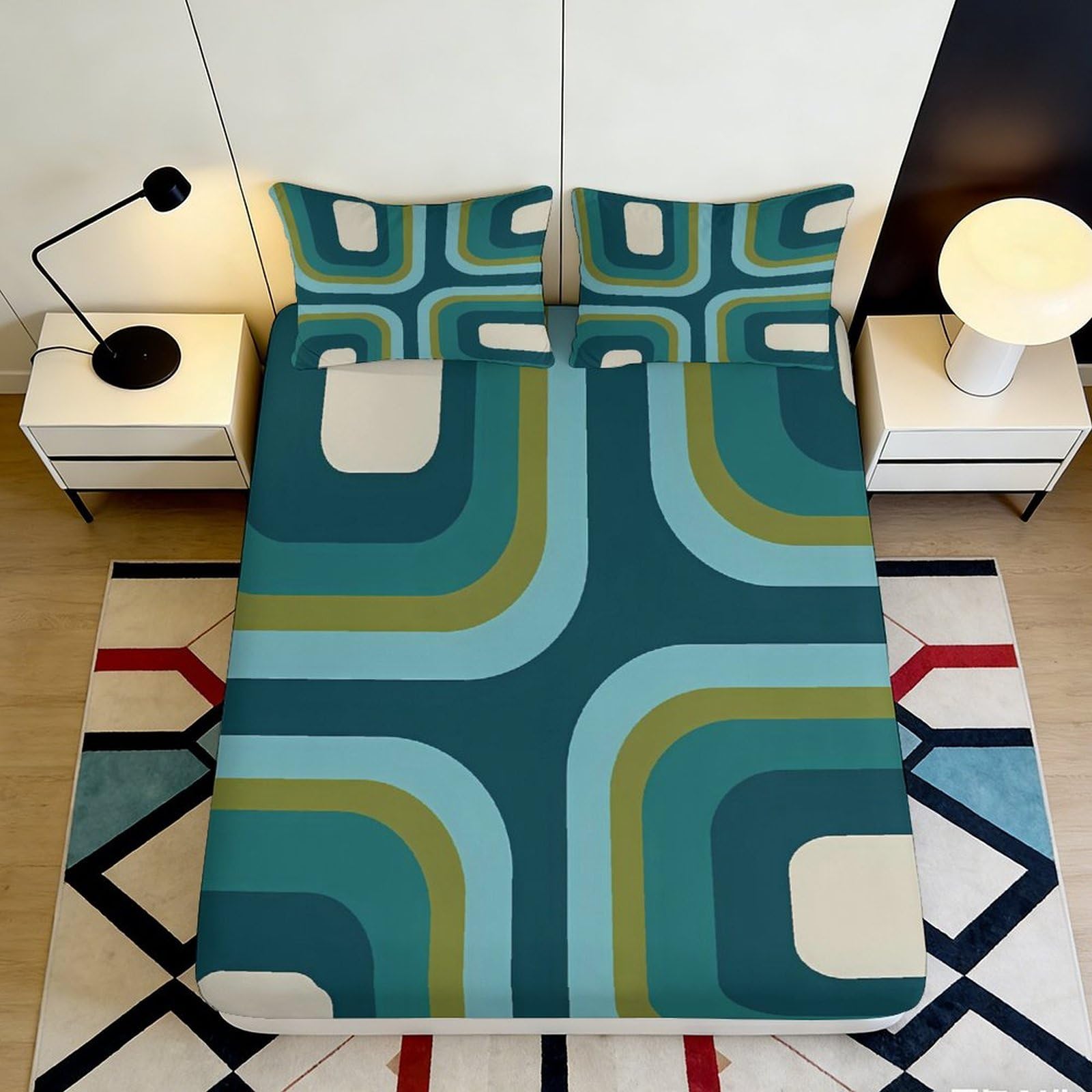 Pnayamiorkfel Style-2 3D Printed Retro Geometric Fitted Sheet Microfiber Soft Teal Mustard Abstract Mattress Cover For Bedroom Dorm Decor 90X200x25cm