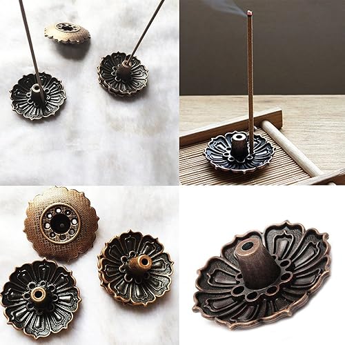 Miniatura 3 de Ximimark 4 unids 9 agujeros Lotus quemador de incienso titular flor estatua placa incensario para palos y cono, color bronce