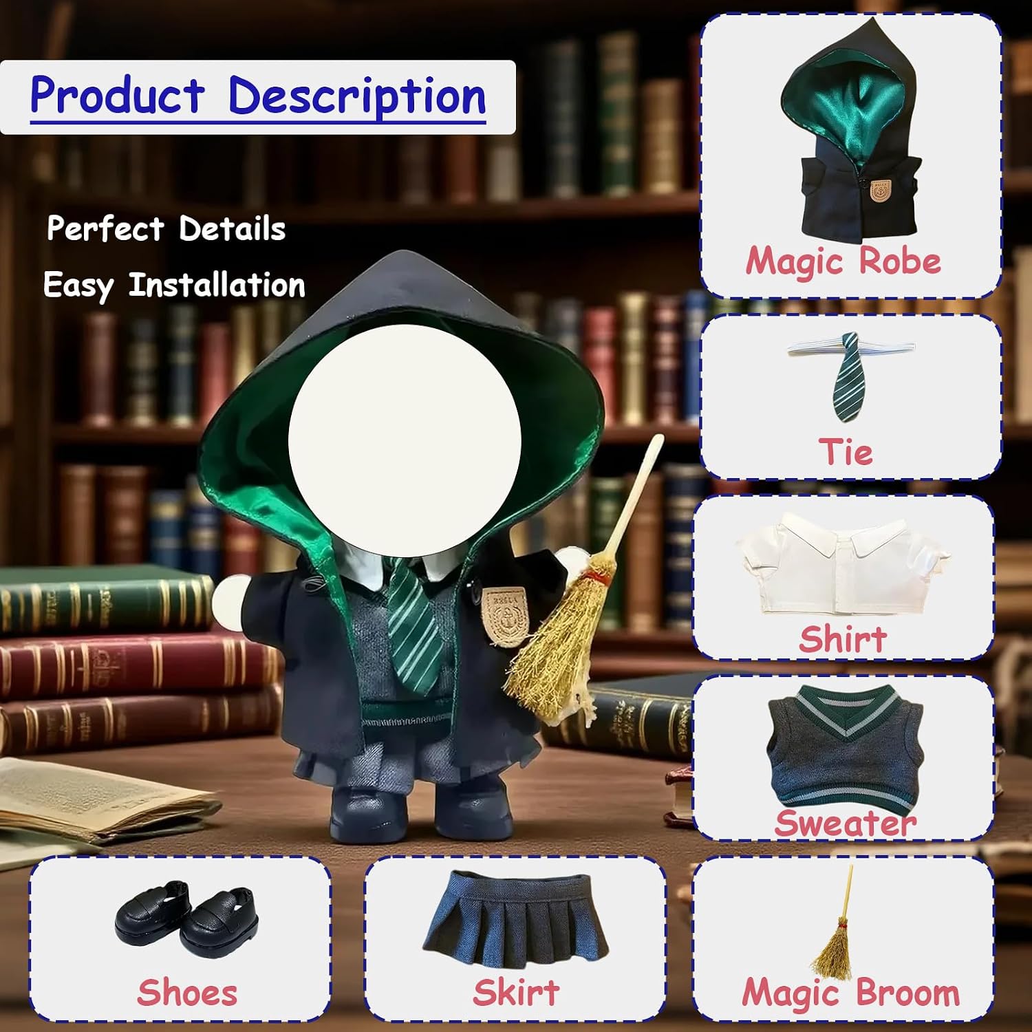 7-Piece Wizard Doll Clothes Set for 17cm Dolls – Fits The Monsters Exciting Macaron Series – Fantasy Outfit with Hooded Cloak, Shirt, Skirt, Sweater, Tie, Shoes & Magic Broom – Doll Accessories Only