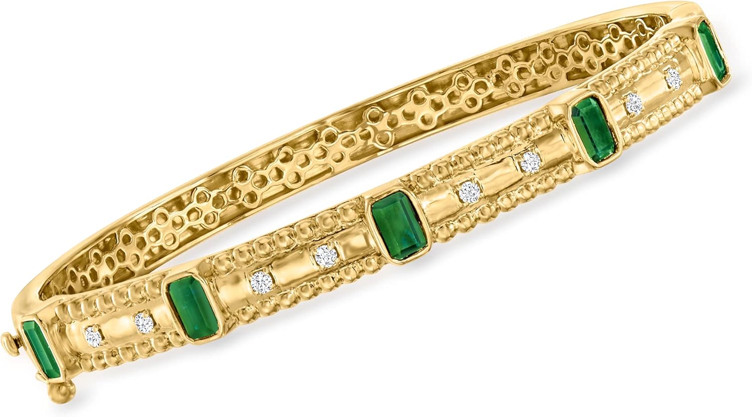 Ross-Simons 1.40 ct. t.w. Emerald and .15 ct. t.w. Diamond Bangle Bracelet in 18kt Gold Over Sterling