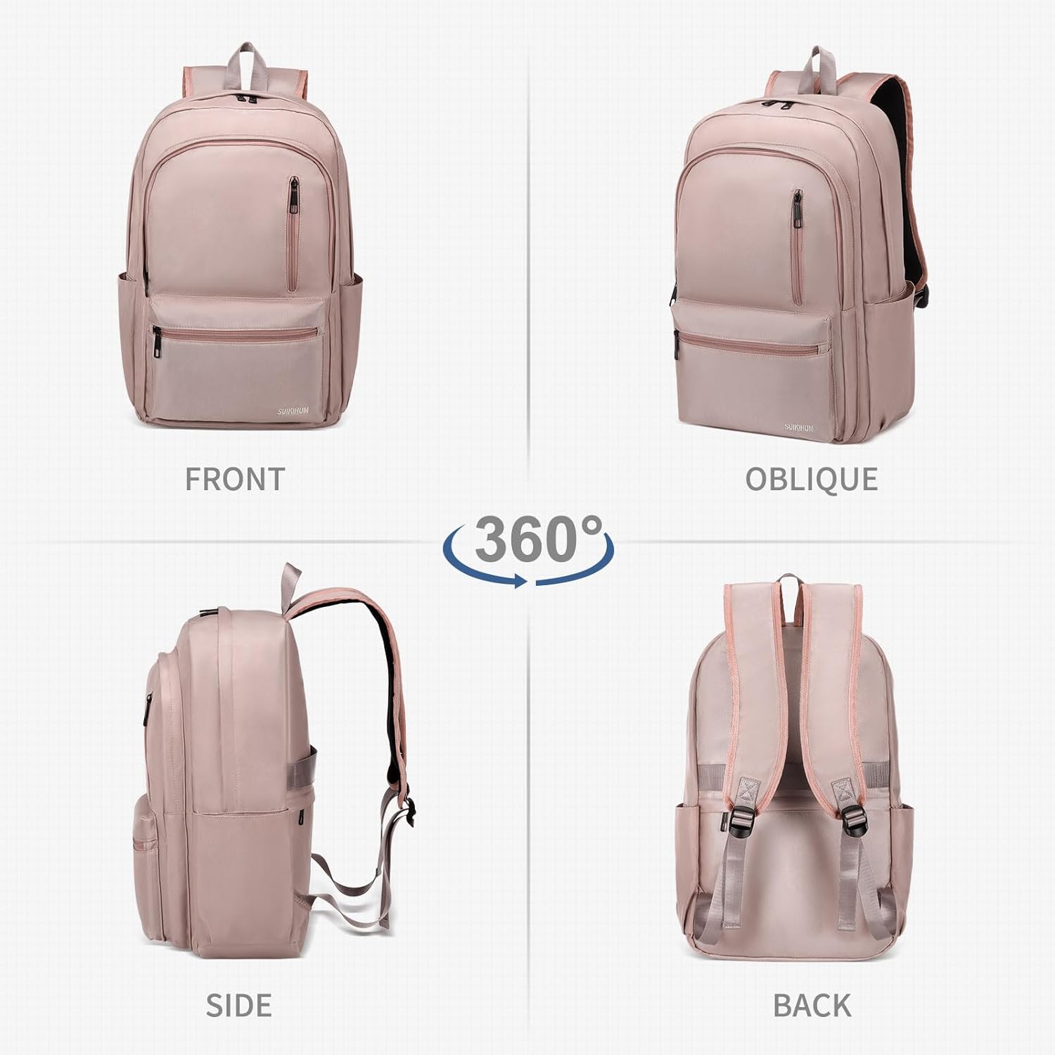 Nylon Backpack for Men & Women, Water-Resistant Everyday Backpack with 15.6" Laptop Compartment, Anti-Theft Pocket & Luggage Strap, Pink