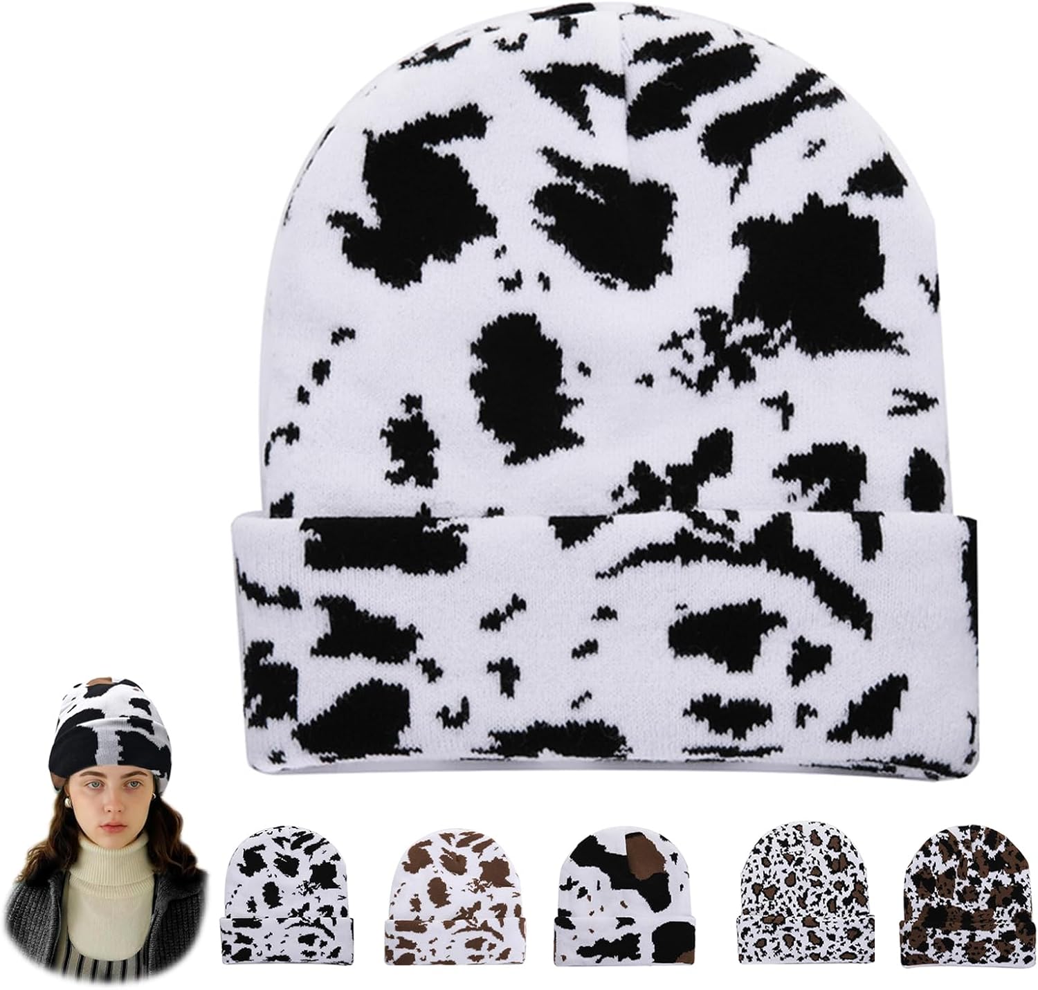 Unisex Cow Print Beanie with Fleece Lining Winter Warm Knitted Hat for Women Men Soft Cuffed Skull Cap