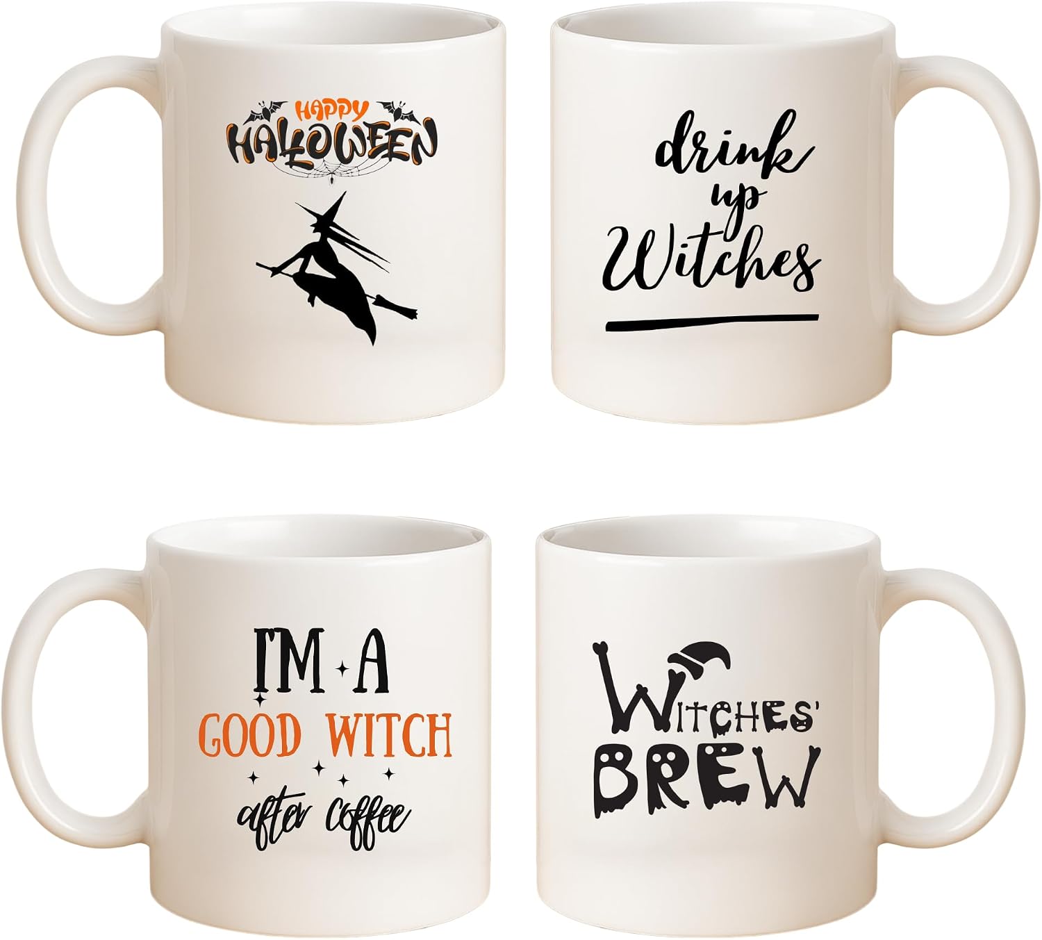 BUMBLE THE BEE™ Halloween Mug Set – 4-Pack Ceramic Coffee Mugs with Funny Witch Designs – Fall Gift for Cocoa, Coffee & Seasonal Decor – 11oz
