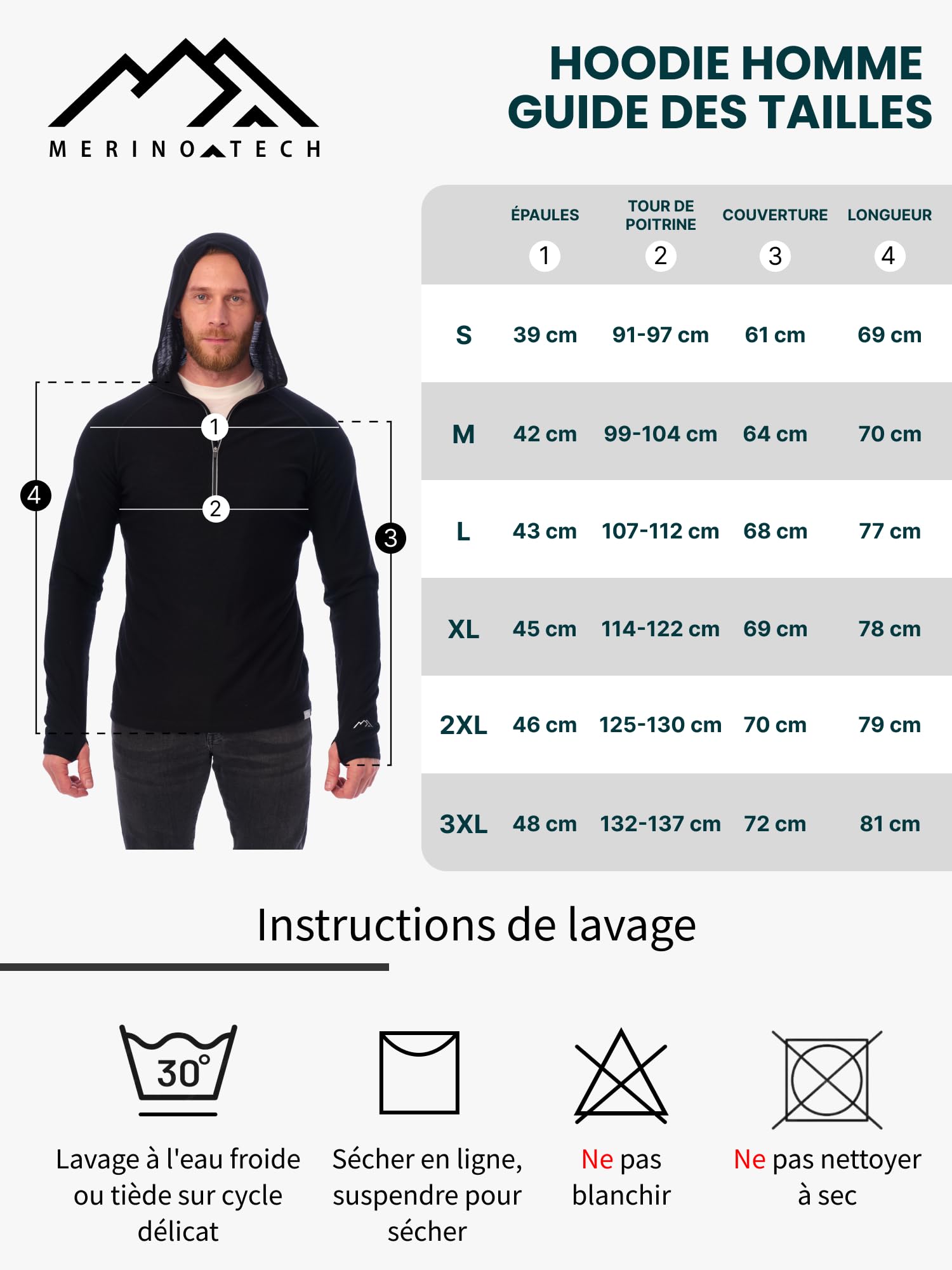Merino.tech 100% Capuche Pull Homme Laine Merinos - sous Vetement Merinos Homme Coupe Ajustée et Chaussettes