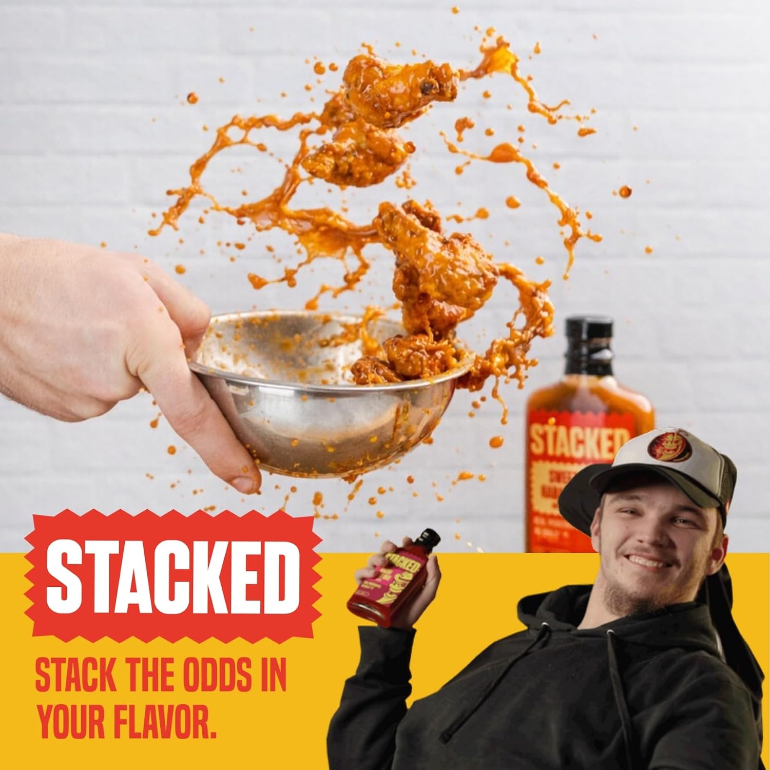 Stacked Hot Sauce Variety Pack - Original Jalapeño, Bacon Spicy BBQ, and Teriyaki Sweet 'n Spicy - Pack of 3, 6.7 fl oz Each - Gourmet Condiment Made with Real Ingredients - Mild and Medium Heat Levels