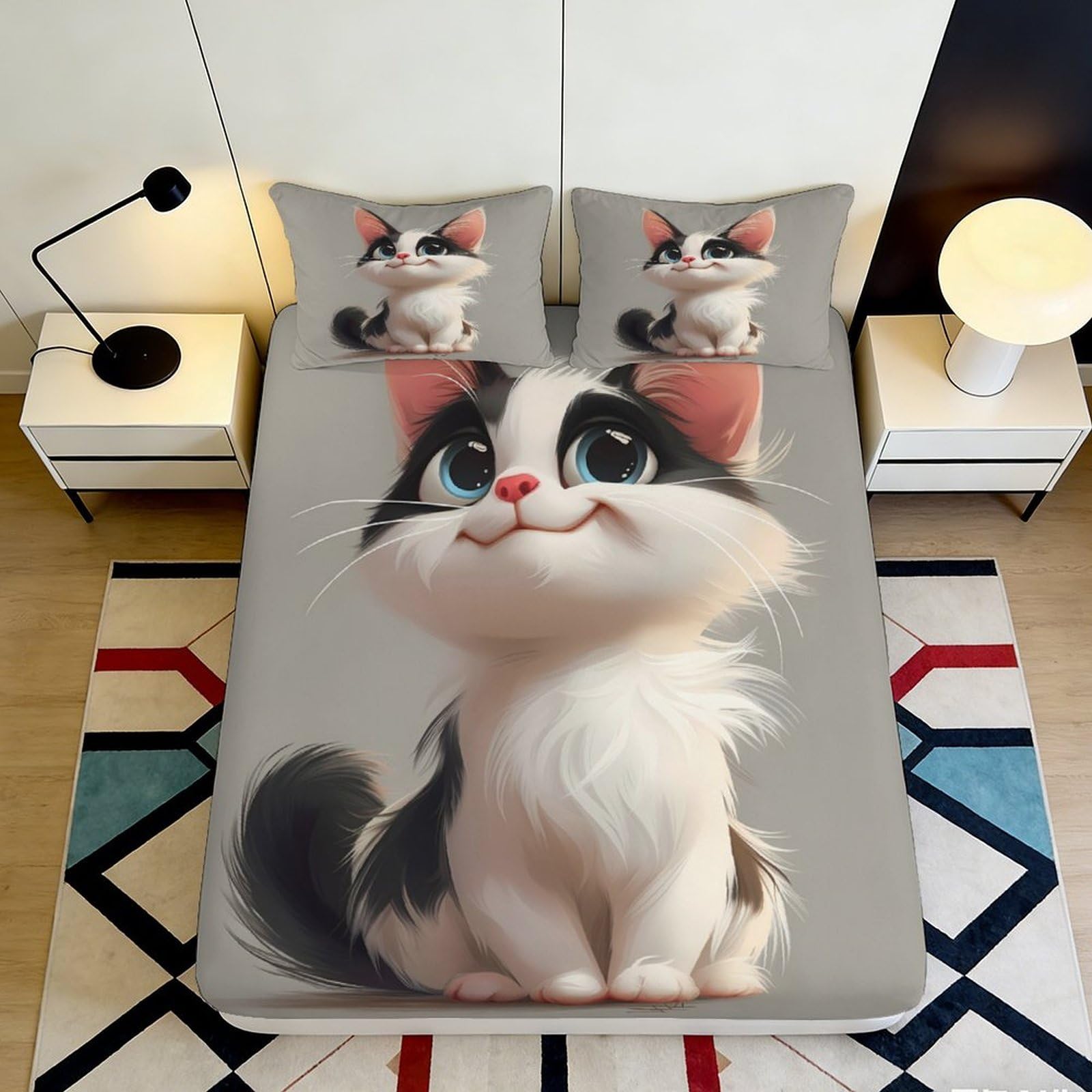 3D Printed Cute Cat Fitted Sheet Microfiber Non-slip Cartoon Kitten Mattress Cover for Bedroom Dorm Home Decor Gift, Easy Care 90x200x25cm