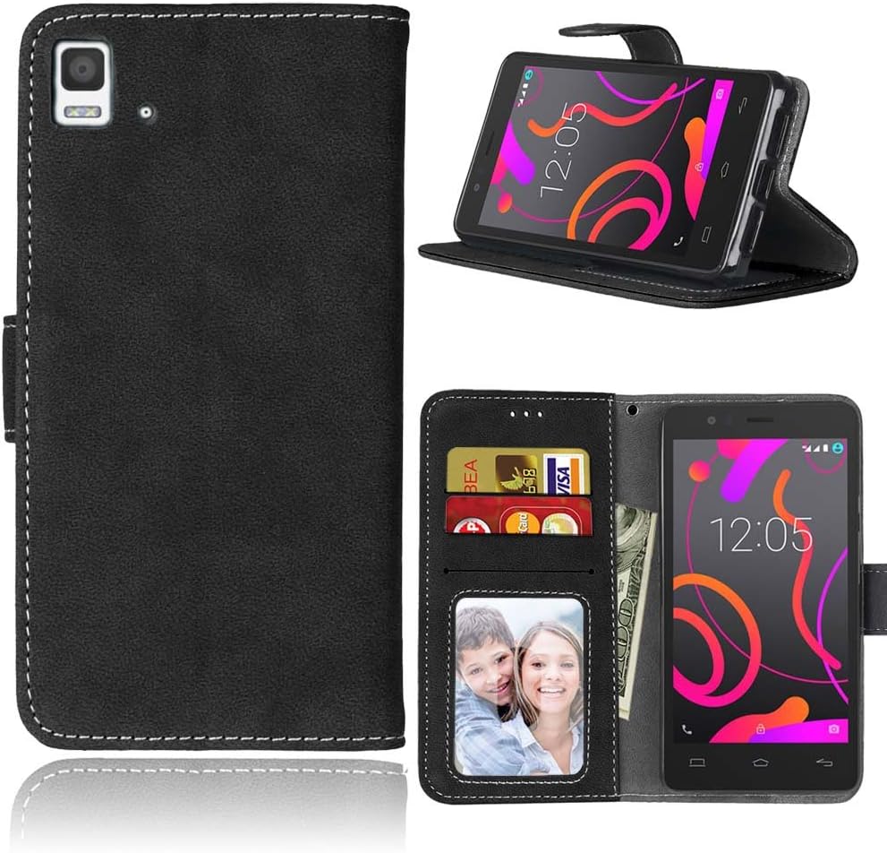 BQ Aquaris E5 4G Case Leather, Ecoway Retro Scrub PU Leather Stand Function Protective Cases Covers with Card Slot Holder Wallet Book Design for BQ Aquaris E5 4G - black