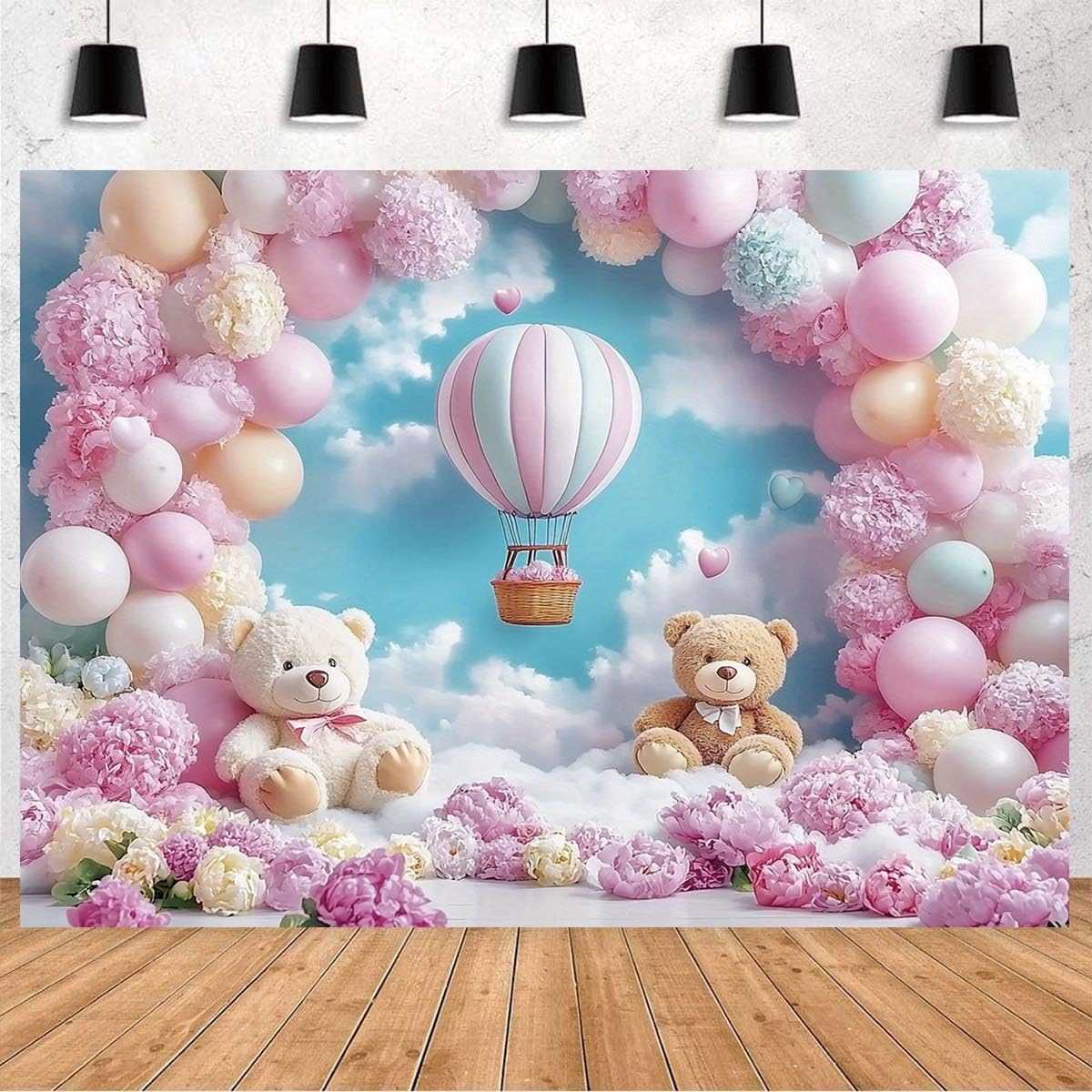 Pink Bear Hot Air Balloon Backdrop Girl Bear Balloons Baby Shower Background Girl 1st Birthday Party Banner Newborn Baby Shower Party Cake Table