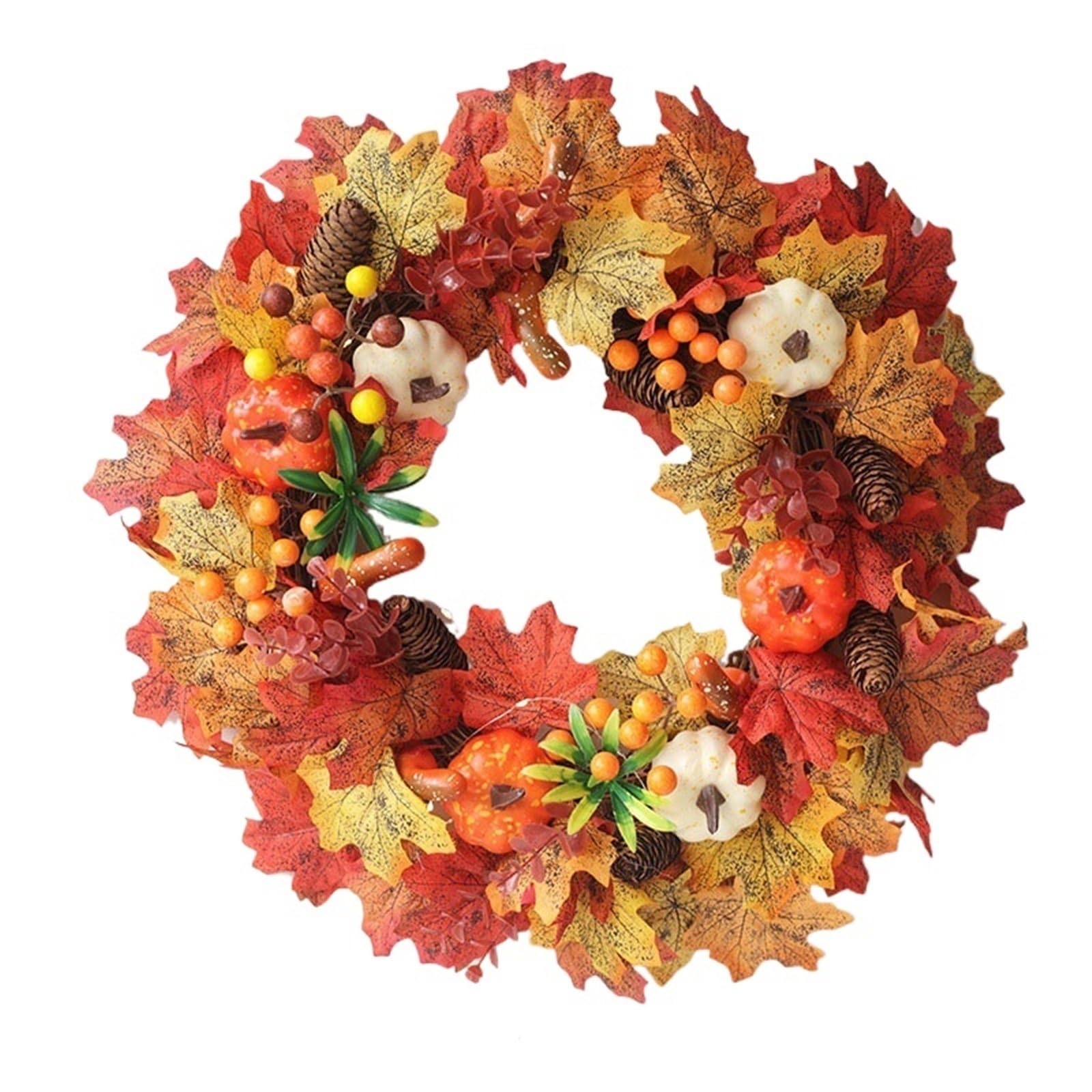 Wreaths Door Wreath Autumn Maple Pumpkin Wreaths For Front With Berry Pinecones Home Outside Decoration(E-45cm)
