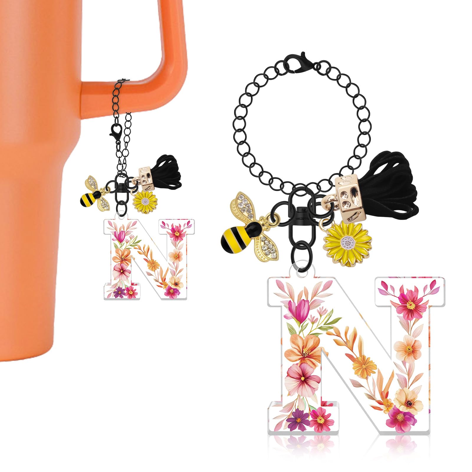 Oubaka Letter Charm Accessories for Stanley Cup, Initial Name ID Personalized Handle Charm with Tassel Bee Flower for Bag