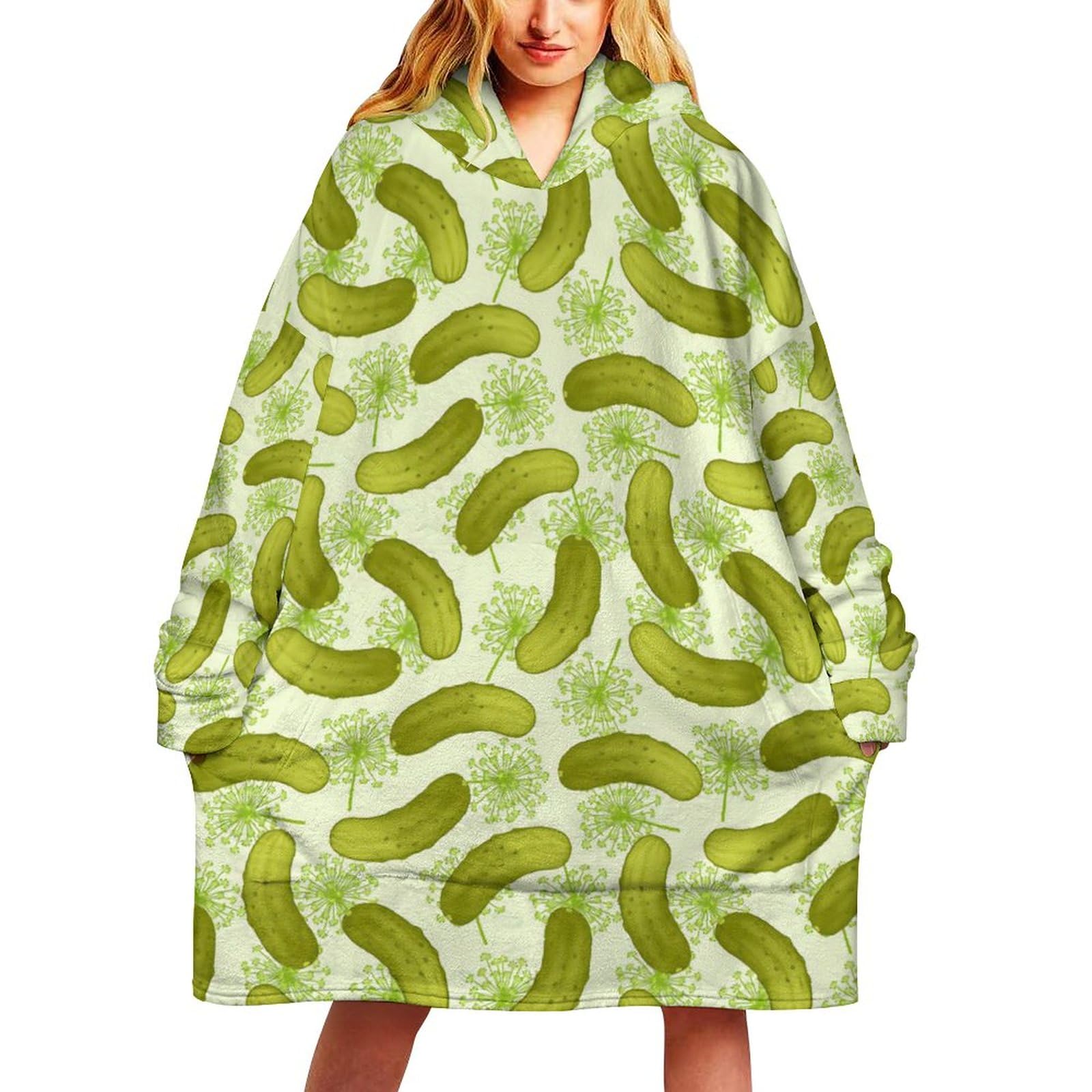 OLGCZM Wearable Blanket Hoodie for Women Dill Pickles Oversized Sweatshirt Blanket with Pockets