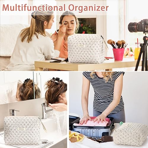 Miniatura 4 de Sightor Bolsa de maquillaje de algodón, bolsa de cosméticos floral kawaii, bolsa de aseo de viaje grande, bolsa acolchada para cosméticos para