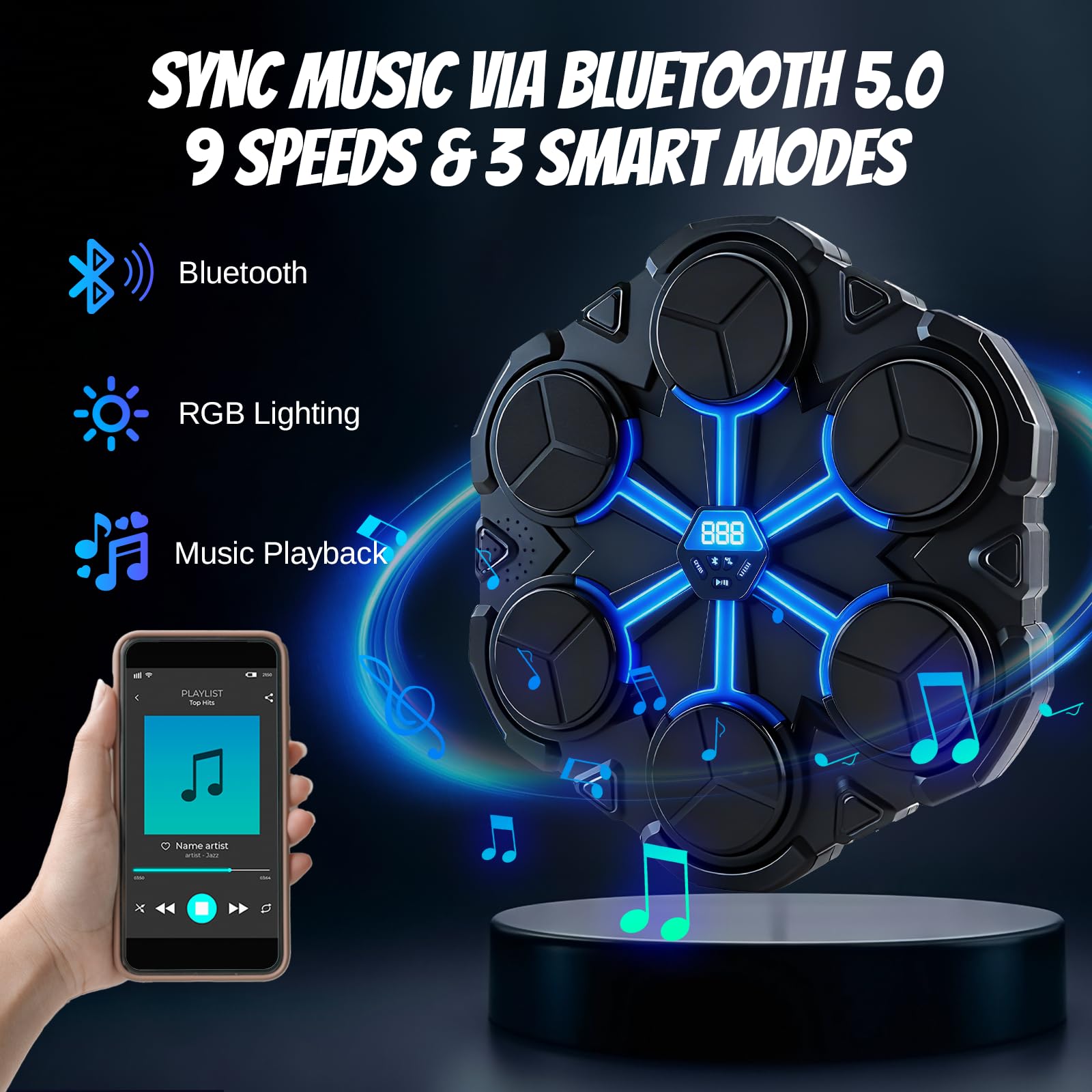 Entrenador de boxeo musical Bluetooth con luces LED, saco de boxeo de silicona de 9 niveles, montaje en pared, juego de fitness con guantes, 3 modos, regalo para adultos/niños, regalo para Navidad