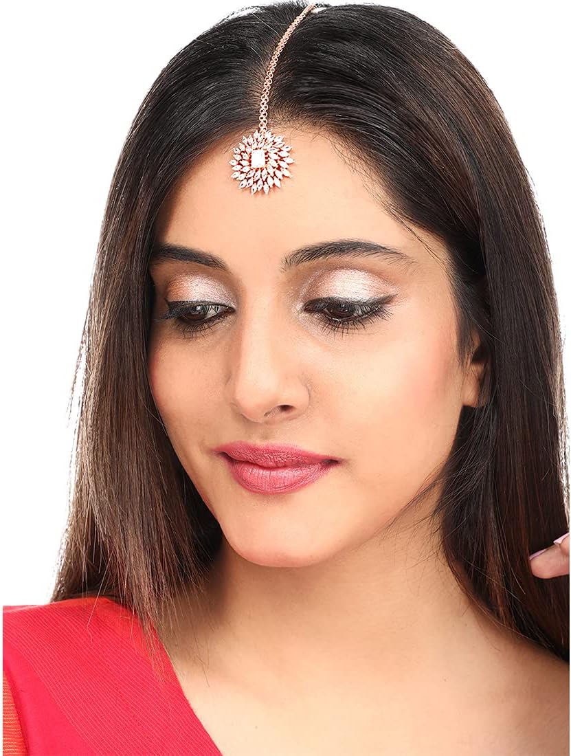 Yellow Chimes American Diamond Maang Tikka Rosegold Plated High Grade Authentic AD Jewellery Maang Tikka White Medium image 5