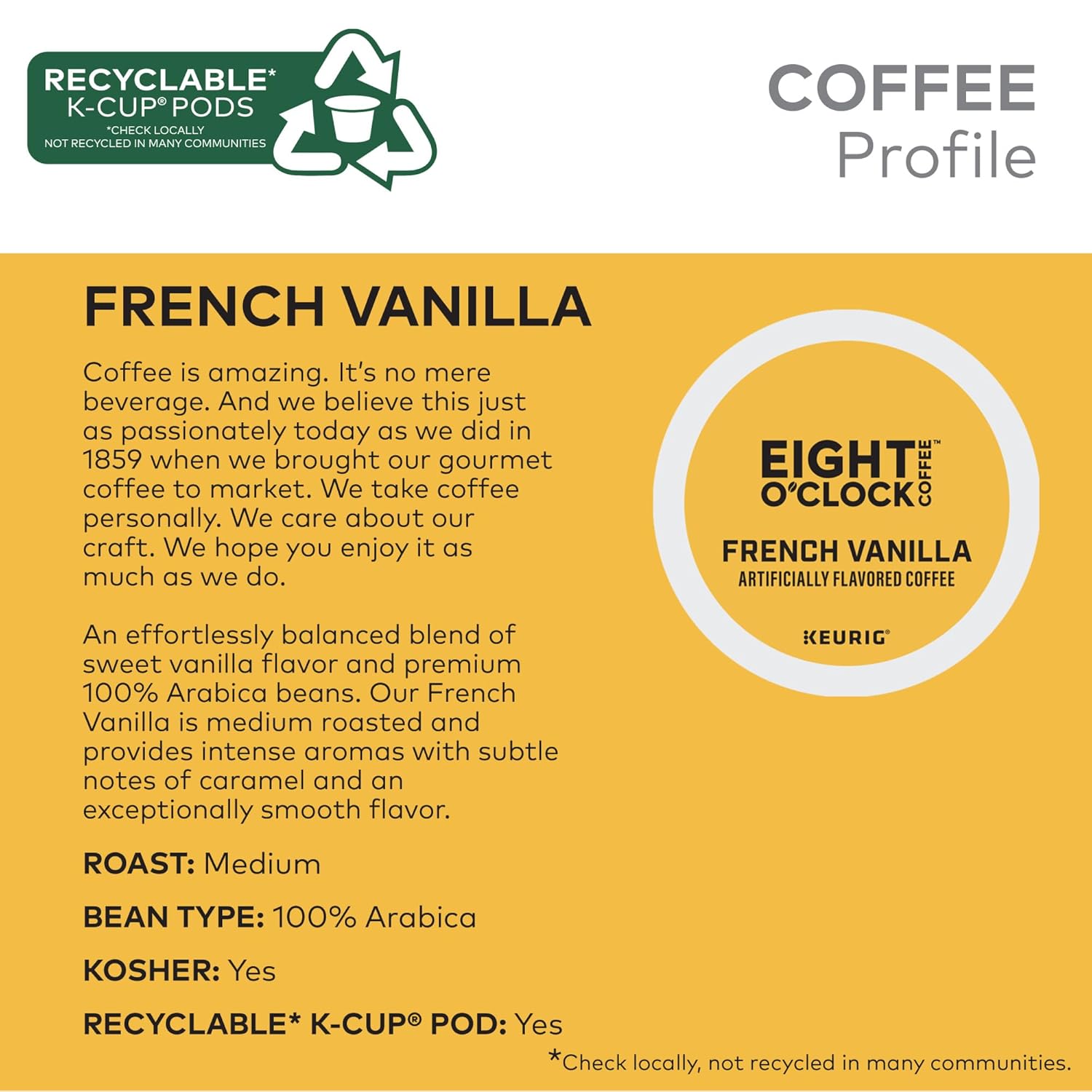 Eight O'Clock Coffee French Vanilla, Single-Serve Coffee K-Cup Pods, Medium Roast, 72 Count