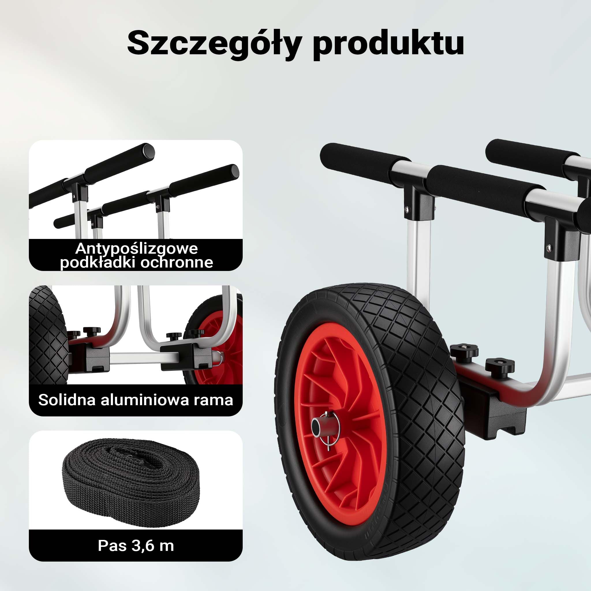 Regulowany aluminiowy wózek kajakowy Wiltec do 90 kg, wózek transportowy do łodzi, kajaków i kanoe, wózek surfingowy z poduszkami, kółka i paski PU ⌀31 cm