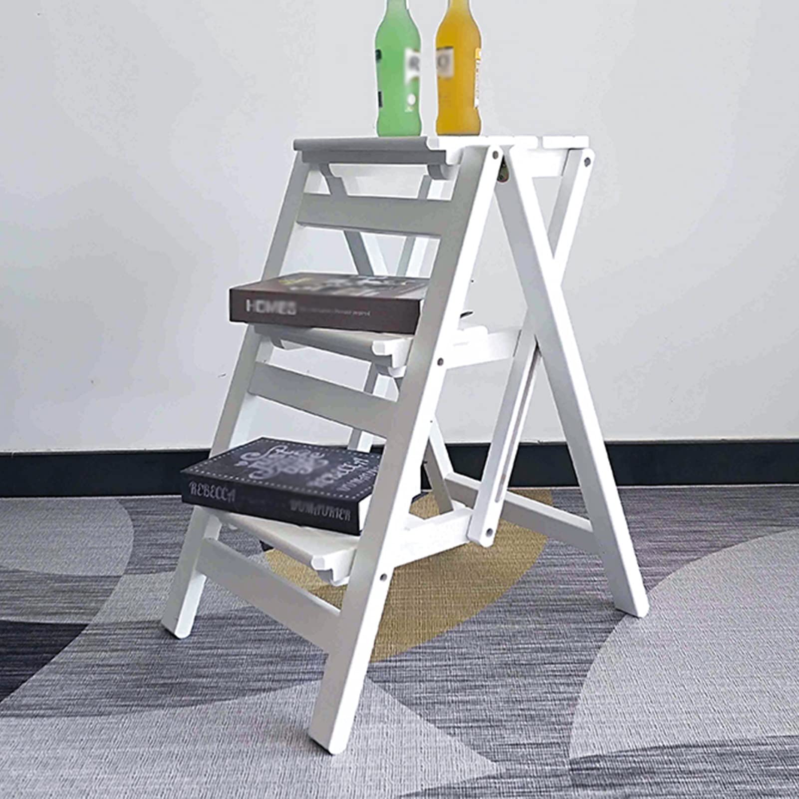 Escabeau en bois pliable 3 marches avec tabouret et escalier antidérapant multifonction