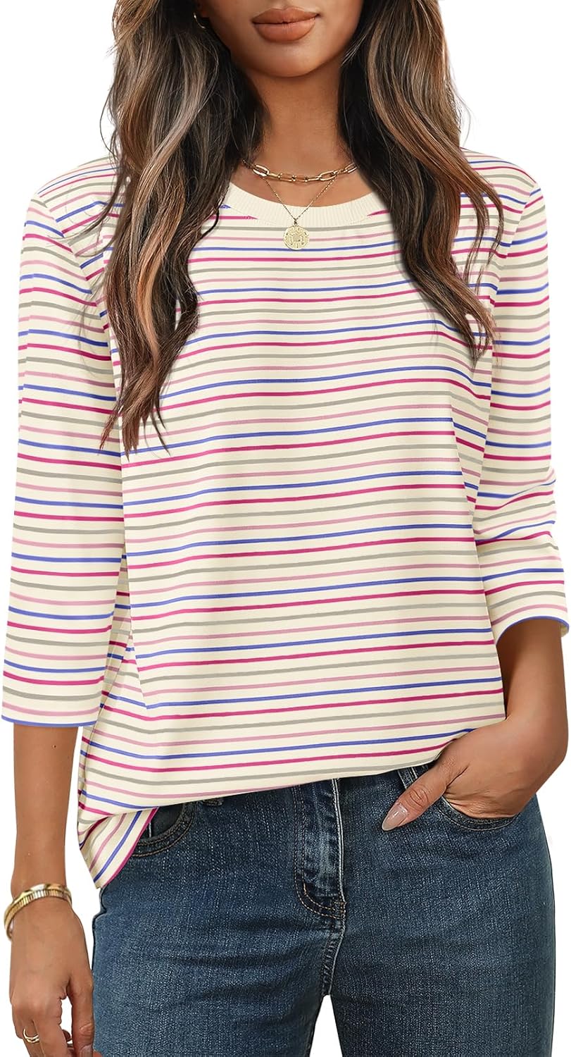 MEROKEETY Women's 2025 Casual 3/4 Sleeve Tops Blouse Crewneck Colorful Striped Fall Loose Shirt
