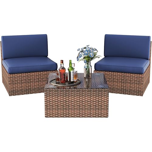 Aoxun 3-Piece Outdoor Patio Set Wicker Rattan Sectional Sofa with Coffee Table Patio, Garden- Ideal for People with Small physiques-3 Piece, Blue