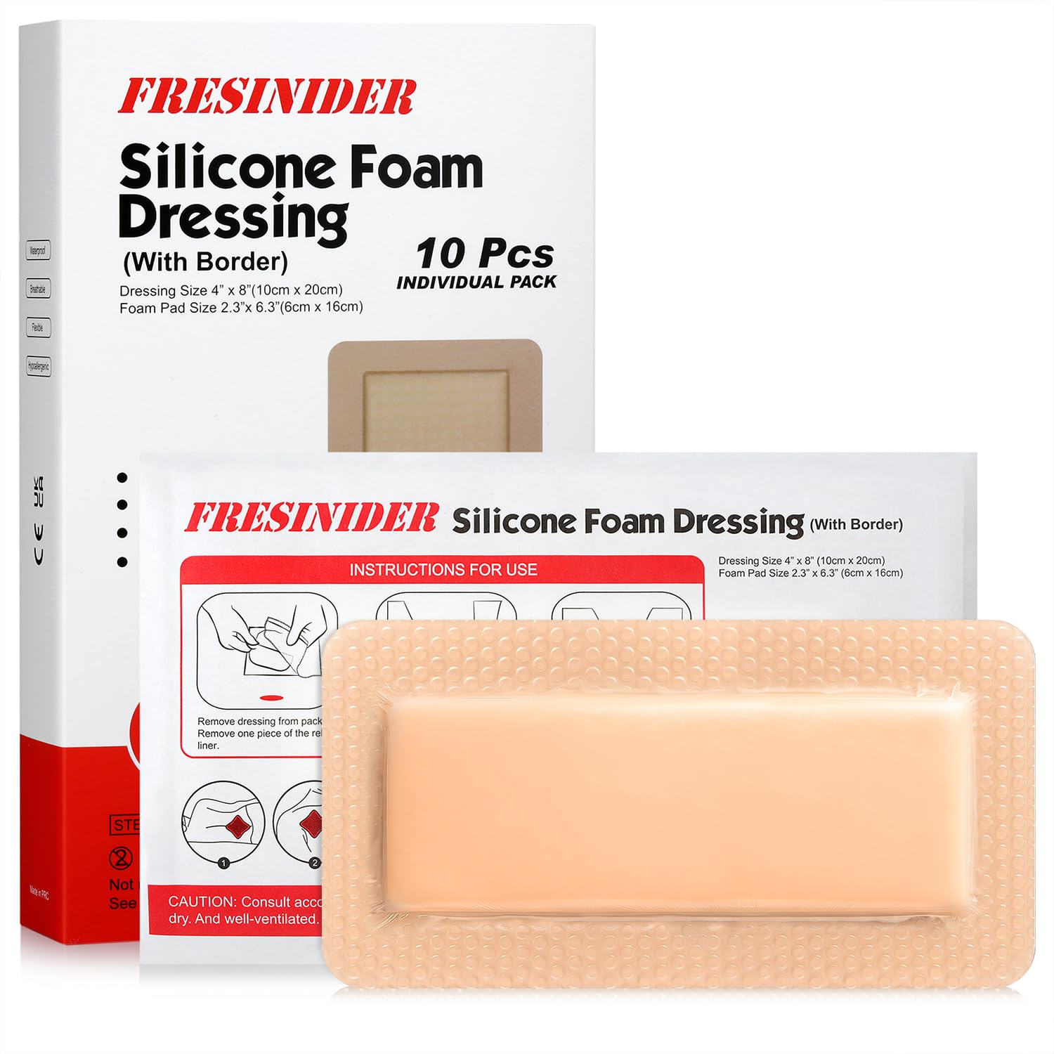 FRESINIDER 4" x 8" Pack of 10 Silicone Foam Wound Dressing - Waterproof Adhesive Bandages with Bordered - Super Absorbent &amp; Breathable for Optimal Wound Care