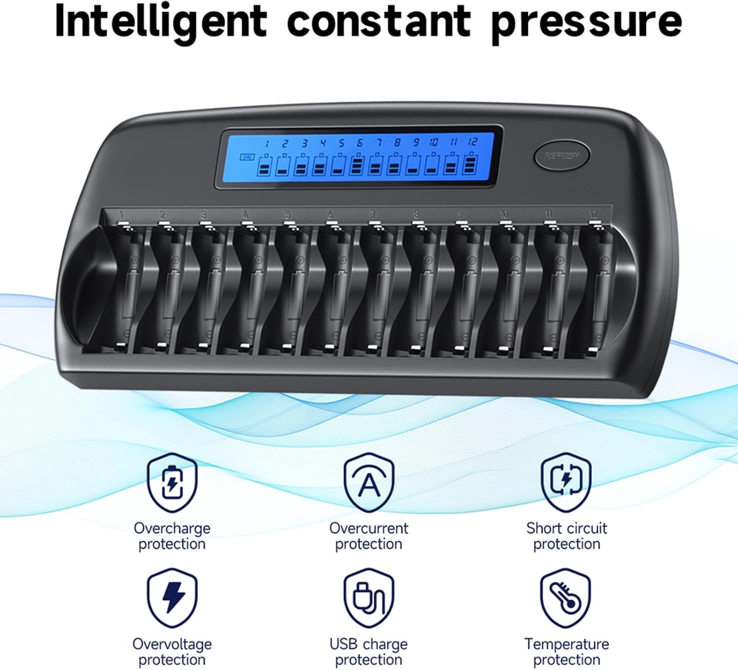 12 Bay AA AAA Battery Charger with LCD Display Fast Charging for 1.2v Rechargeable Batteries with Refresh Function Household Battery Charger w/AC Wall Adapter