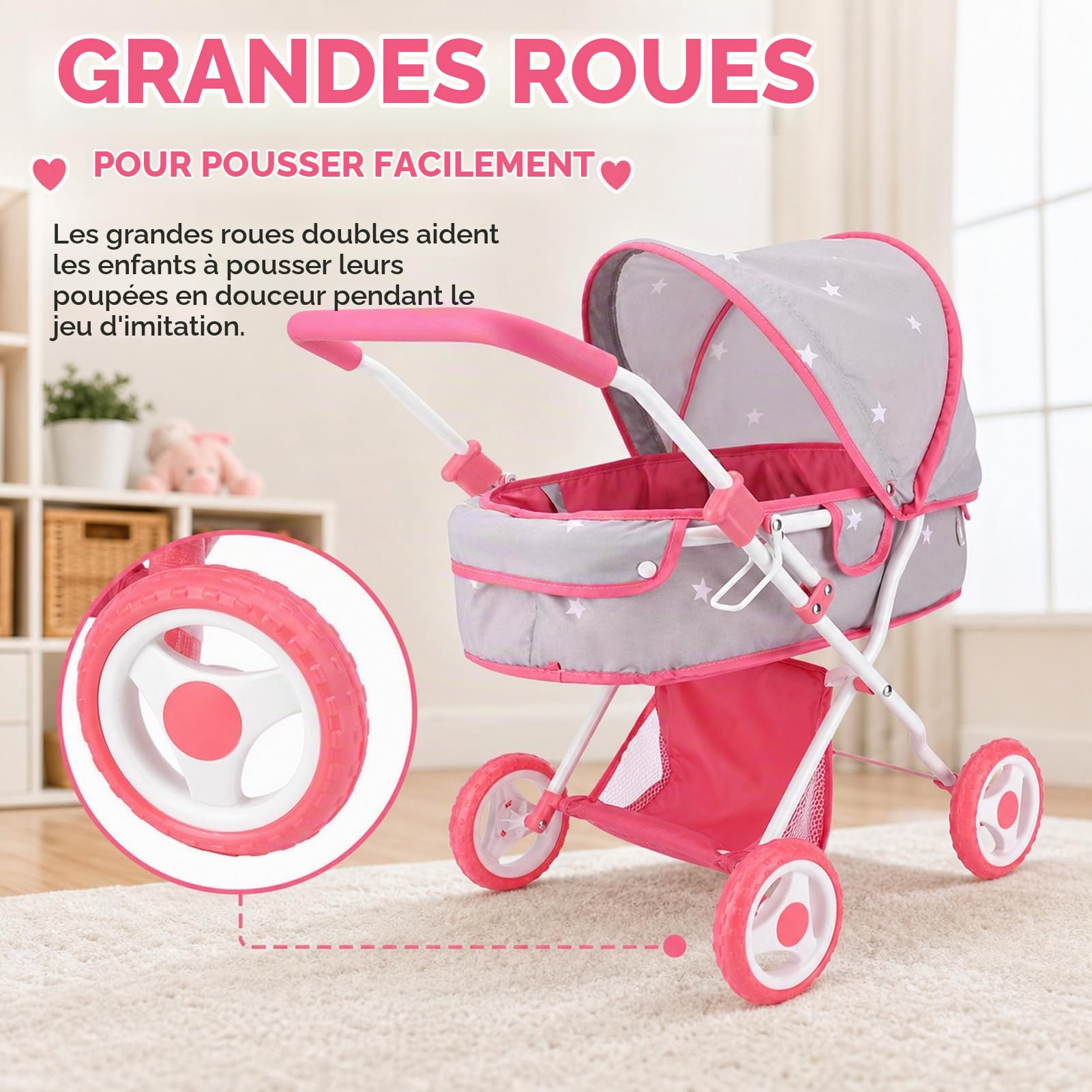 Bebamour Landau 2 en 1 Ensemble Poussette avec Landau Amovible Jouet pour Tout-Petits (Gris)