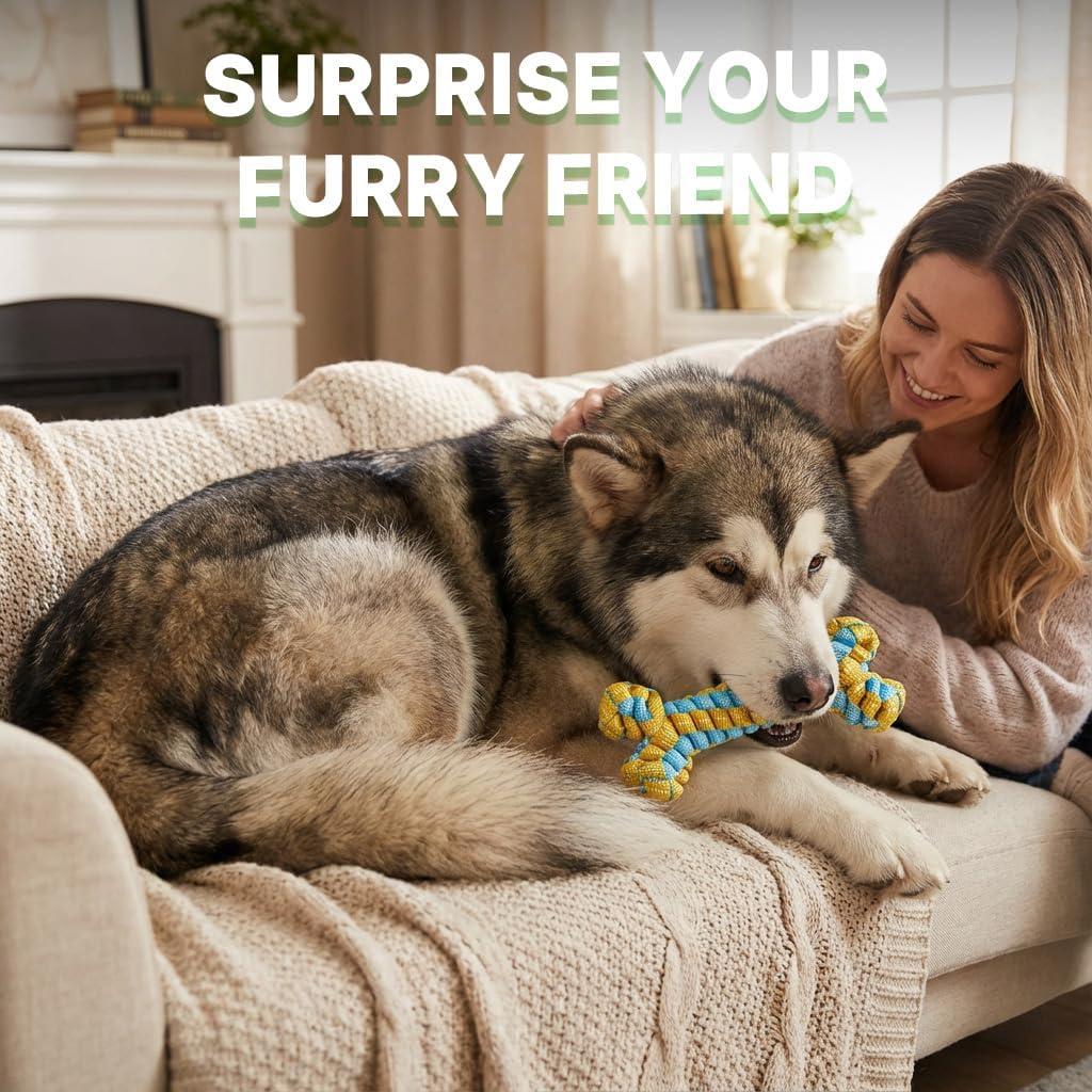 Knot Rope Dog Bone Toy - Glow in the Dark Dog Chew Toy, Interactive Dog Teething Toys for Cleaning Dental & Gum Wellness, for Medium, and Large Dogs - Durable Material, 8.6 inches