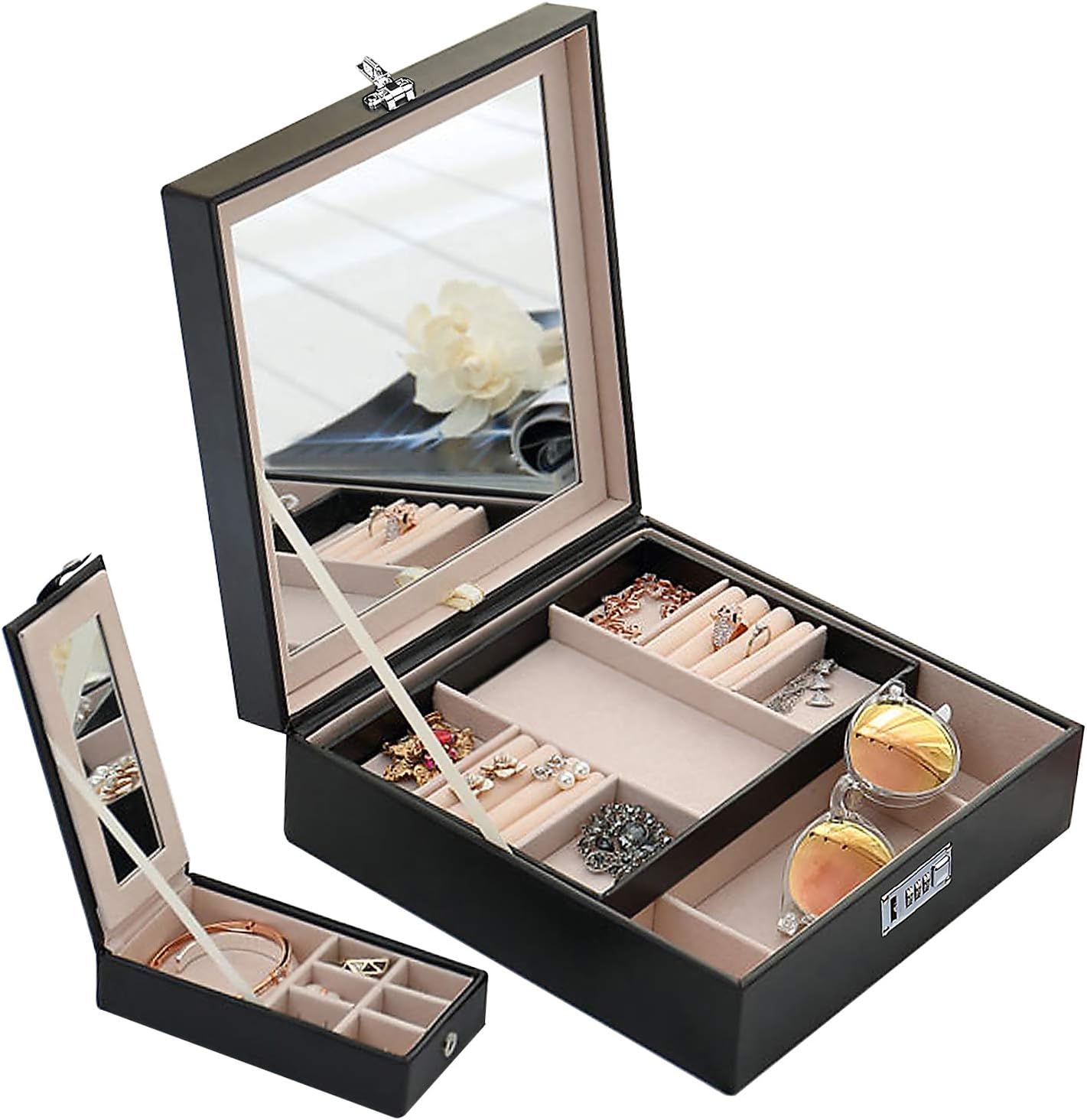 Combination Lock Women Travel Jewelry Box Organizer With Large Mirror 2 Trays 23 Separate Compartments Black