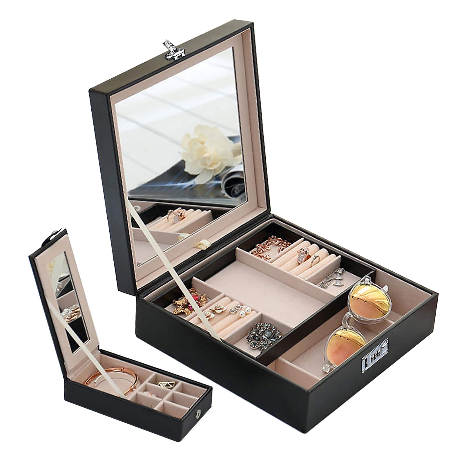 Combination Lock Women Travel Jewelry Box Organizer With Large Mirror 2 Trays 23 Separate Compartments Black